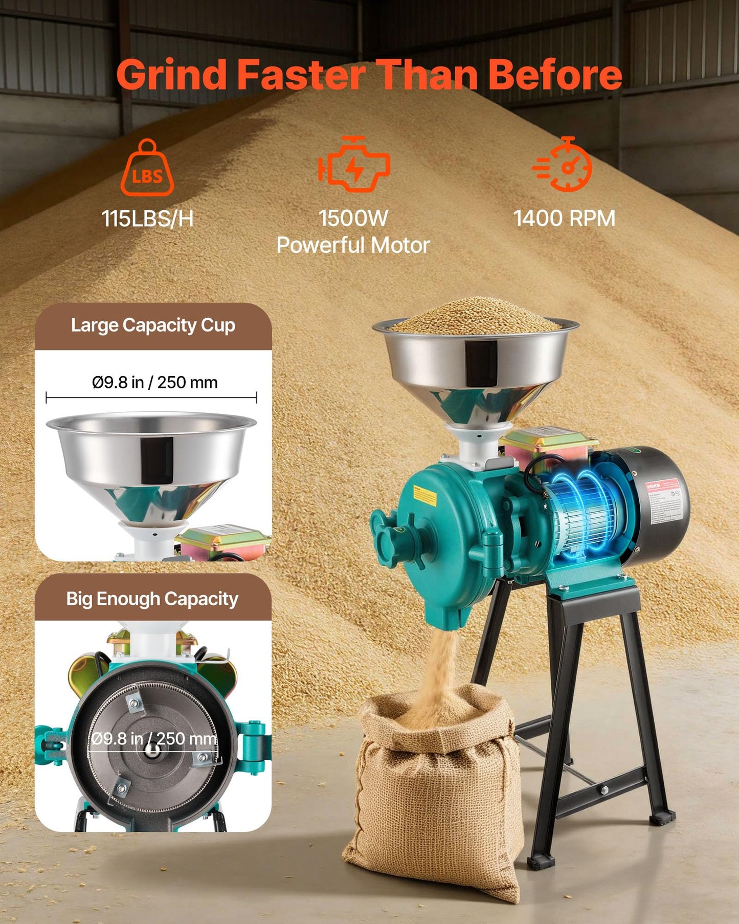 VEVOR Electric Grain Mill Grinder, Commercial Spice Grinders, 1500W Cast Iron Pulverizer Powder Machine with Non-Slip Rubber Feet, for Dry Grains, Spices, Cereals, Coffee, Corn & Pepper