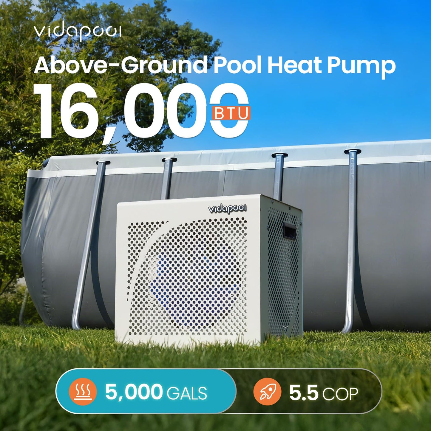 Vidapool 16,000 BTU Swimming Pool Heater 7.5 COP Electric Pool Heat Pump for Above Ground and Inground Pools Heating and Cooling Smart WiFi Control Pools Up to,5000 Gallons