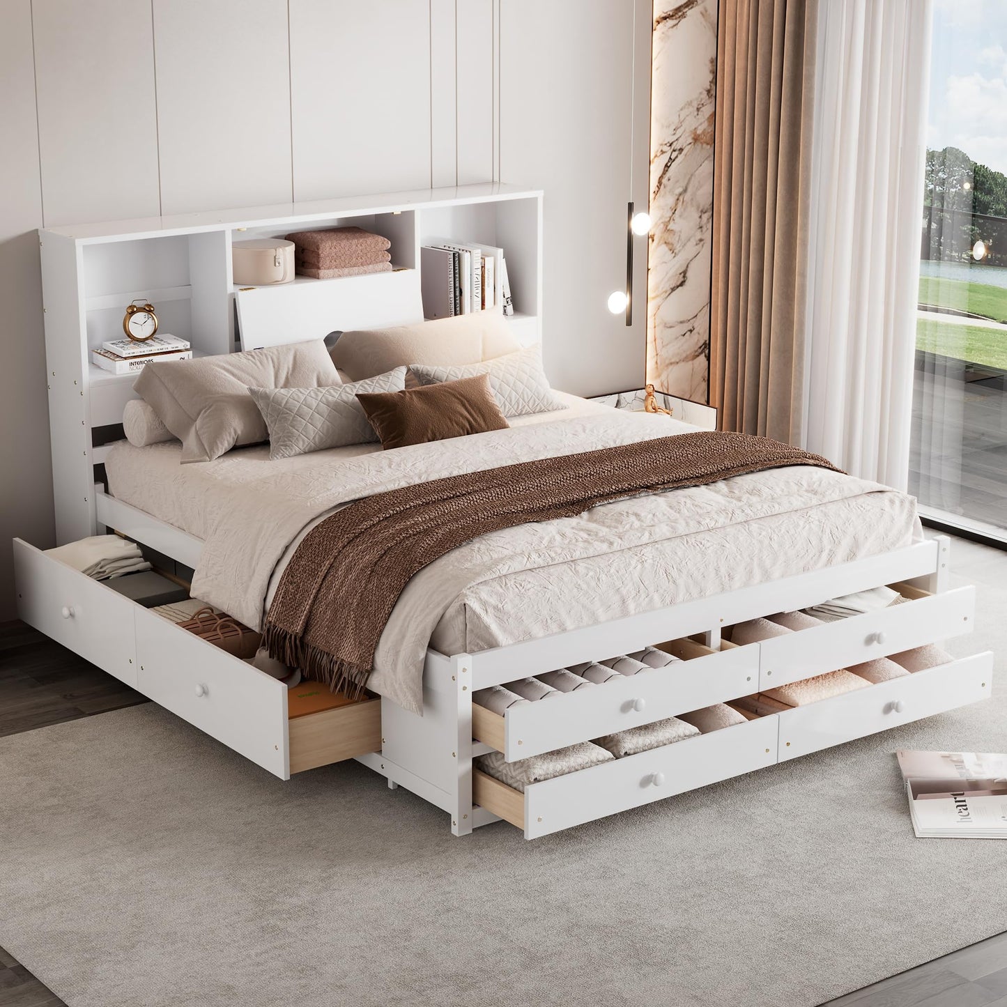 Merax Queen Size Bed Frame with Storage Headboard and 8 Drawers, Solid Wood Platform Bed, White