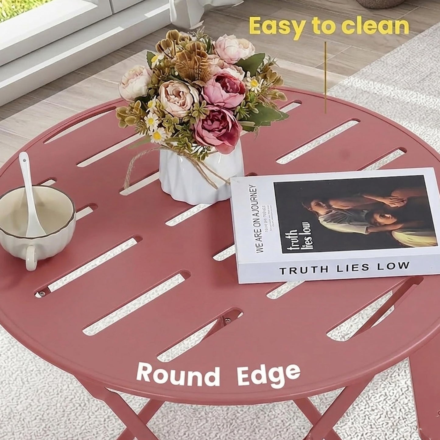 Alpine Corporation VTFAM168A-RD 3-Piece Red Metal Folding Bistro Set – 20" Round Patio Table with 2 Folding Chairs – Portable Indoor/Outdoor Balcony & Garden Furniture Set
