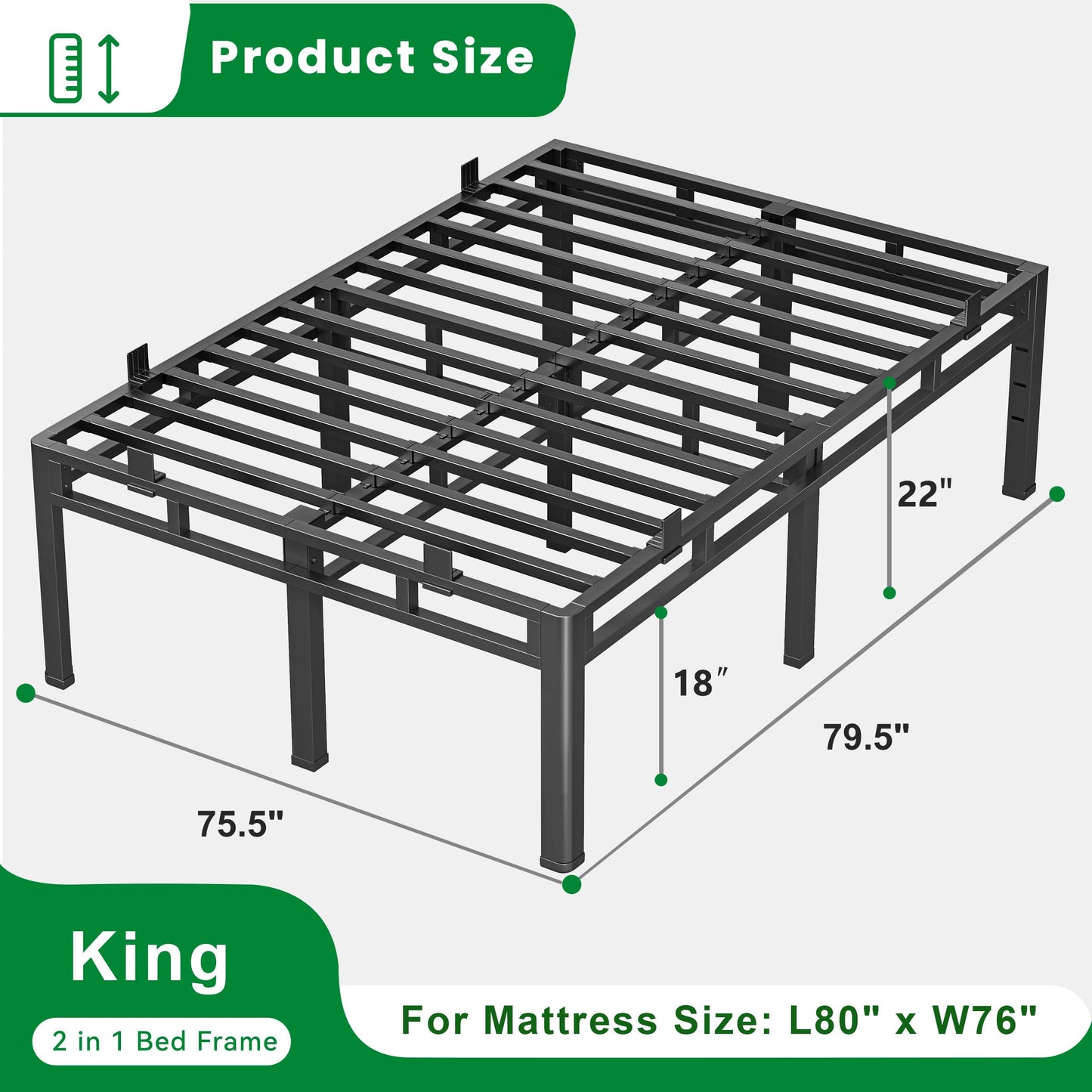 ROIL 22 Inch King Size Bed Frame, Metal Bed Frame & Box Spring 2 in 1 Platform with Round Corner Legs, 4000LBS Double Layer Bed Frame with Headboard Holes Mattress Baffles, Noise-Free Easy Assembly