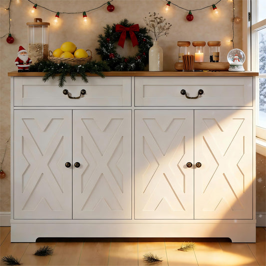 GarveeHome 57 in Modern Farmhouse Sideboard Buffet Cabinet with 2 Drawers & Adjustable Shelves, Large Kitchen Storage Cabinet, Dining Room Coffee Bar Organizer, White