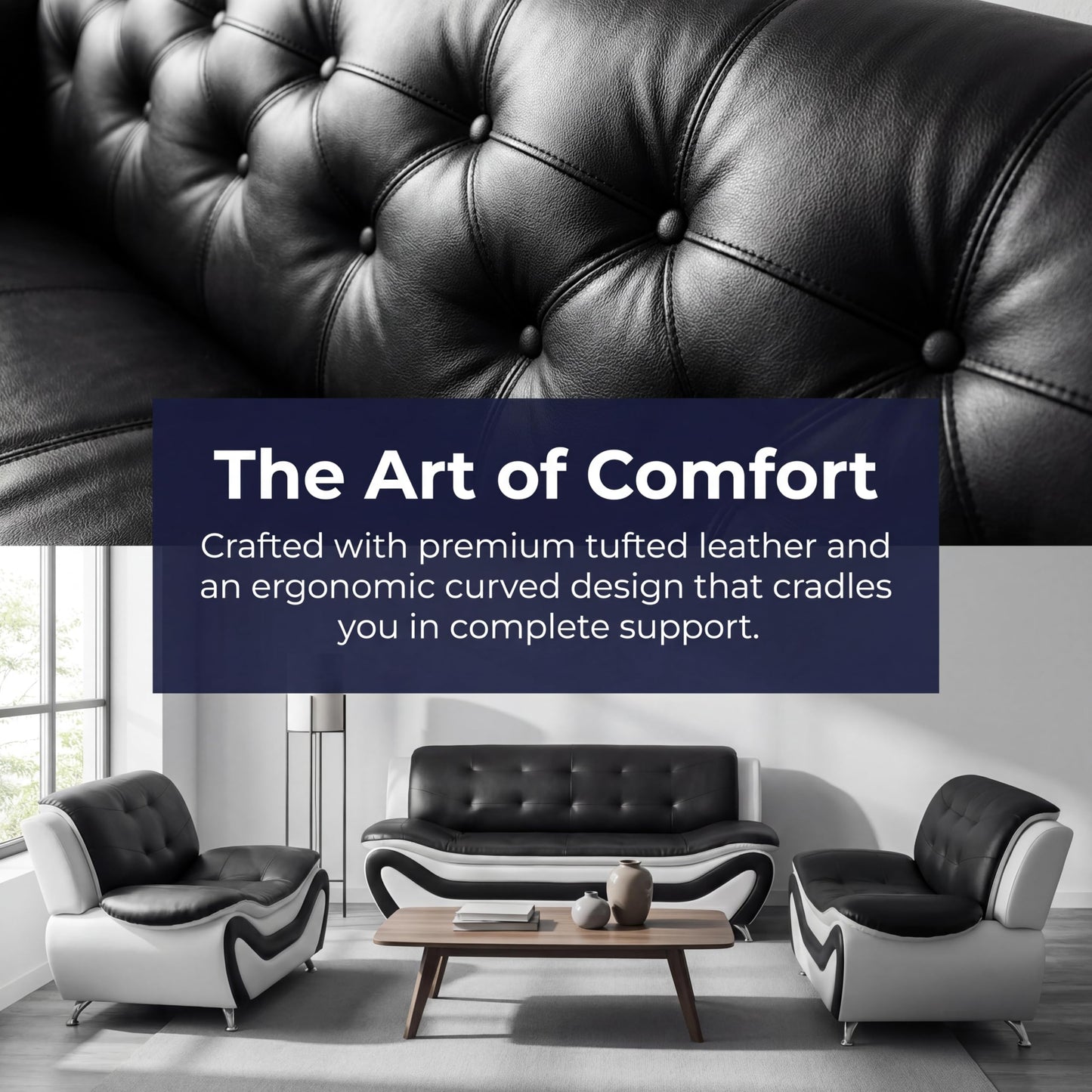 Trygoal 3 Piece Sofa Sets for Living Room, Modern Sectional Couch and Loveseat & Armchair Set, Mid-Century Furniture Sets for Living Room, Apartment, Office, Black & White
