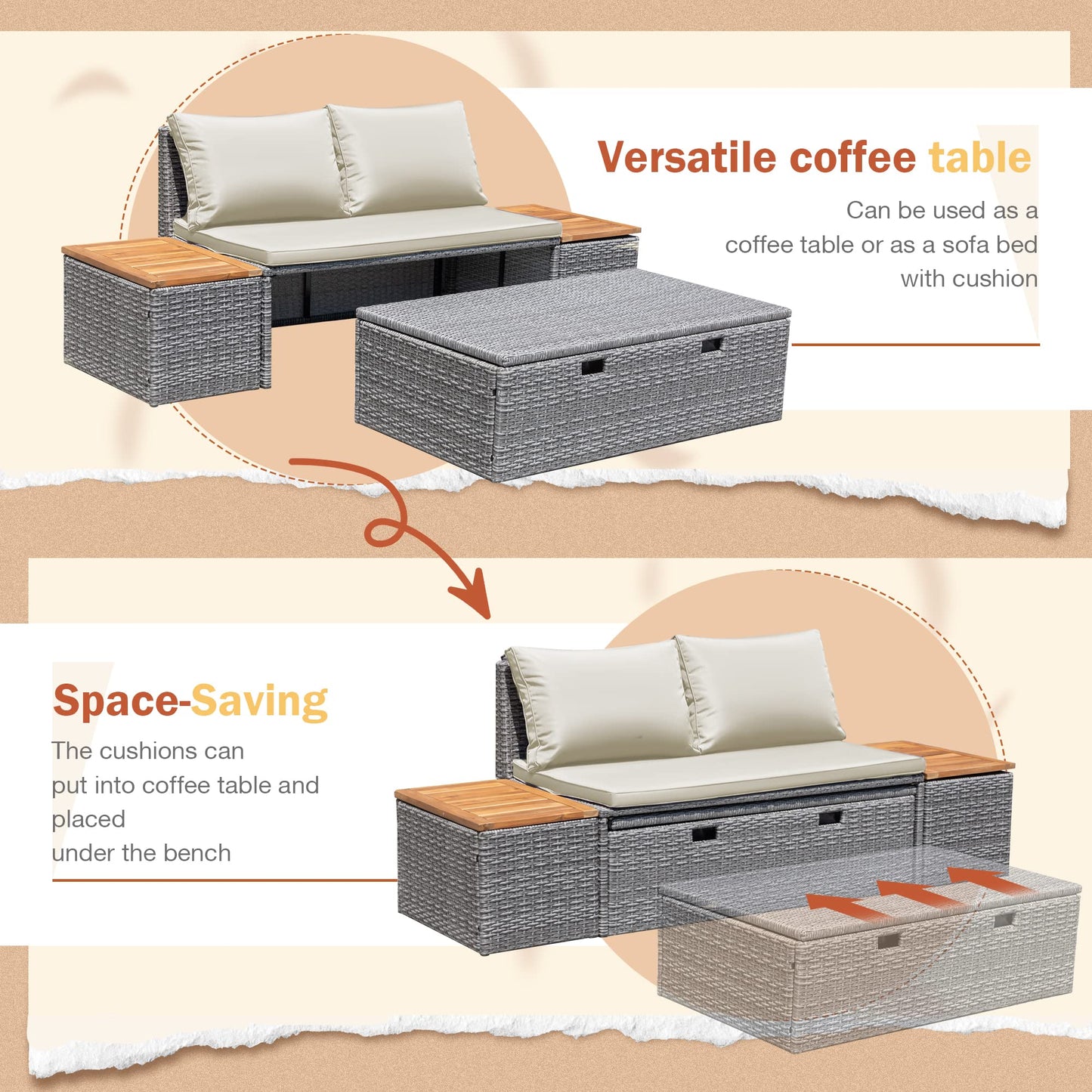 Greesum Patio Furniture Set Multifunctional Outdoor Sectional Sofa Rattan Chaise Lounge Wicker Daybed with Couch, Cushions, Storage Ottoman and 2 Side Tables for Backyard Porch Poolside Lawn, White