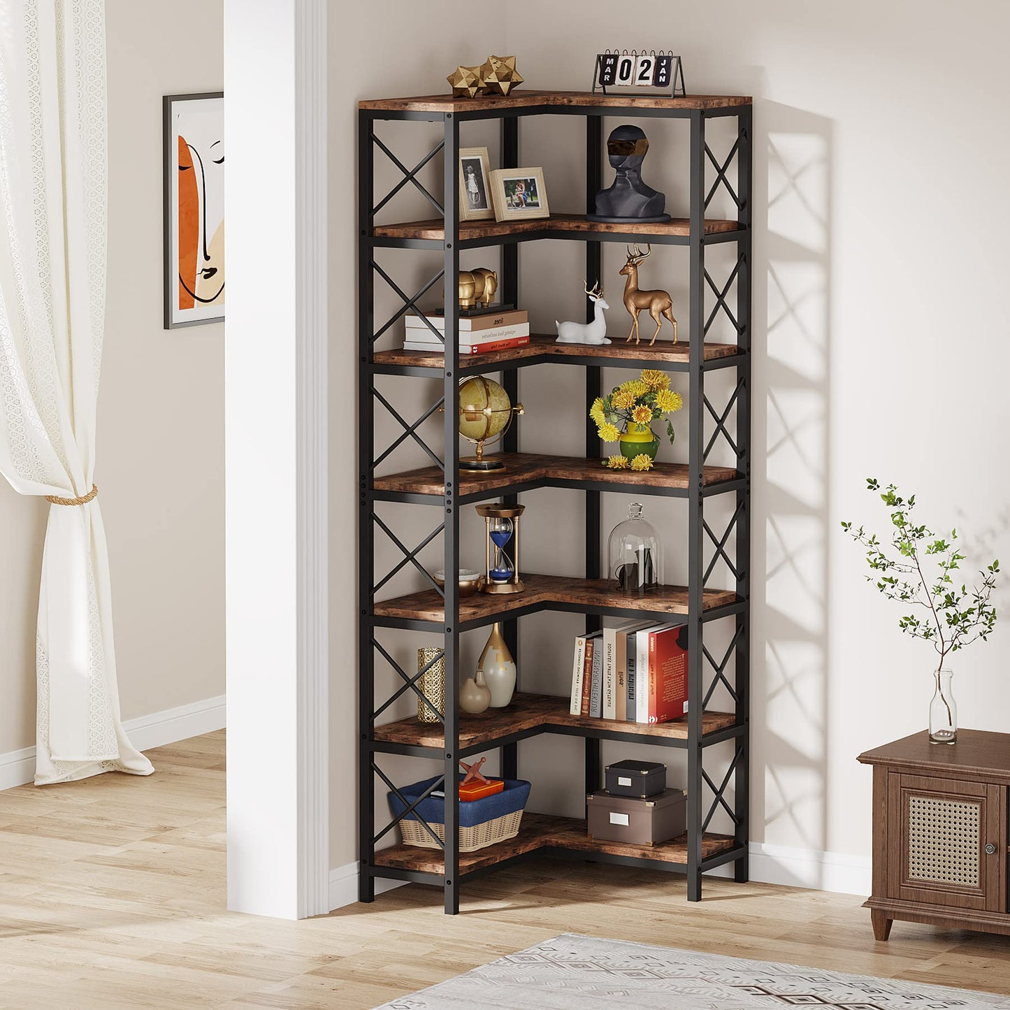 LITTLE TREE 7-Tier Tall Corner Book Shelf,Rustic Brown Corner Bookshelf, Modern Bookcase Metal Storage Shelves for Bedroom Living Room or Home Office