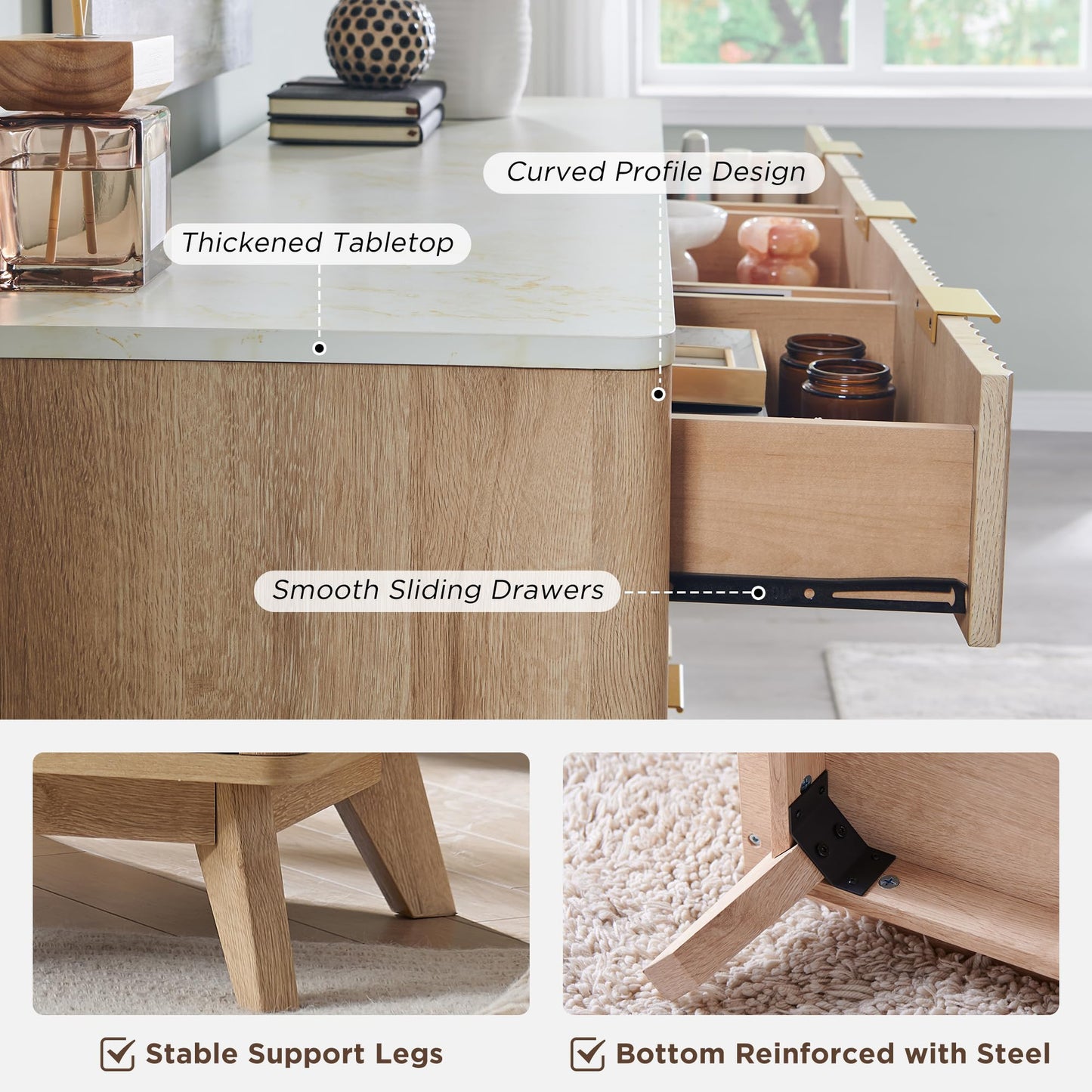 T4TREAM Fluted 9 Drawer Dresser, Modern Chest of Drawers with Faux Marble Top, Curved Profile Design, Dresser TV Stand, Wood Drawer Organizer for Bedroom, Living Room, Hallway, Natural Oak