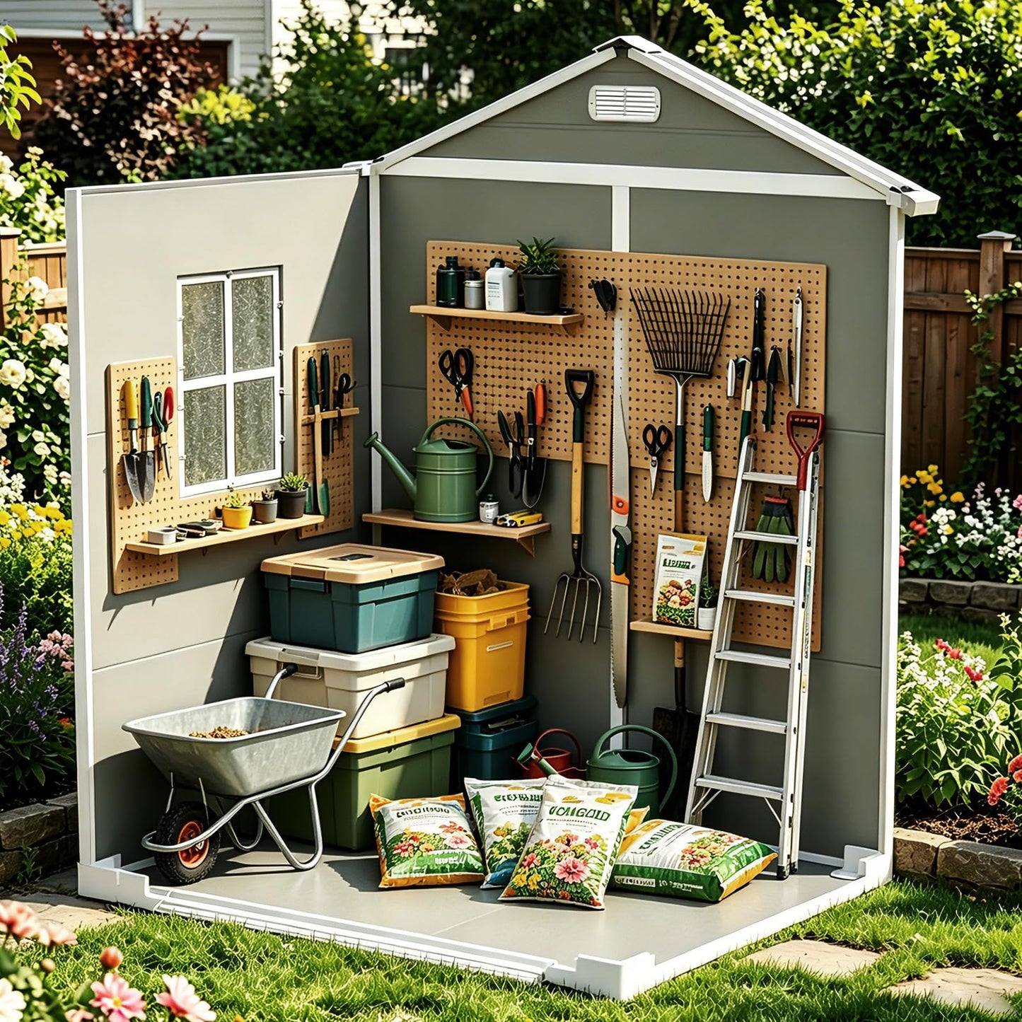 LARBANKE 6x4 FT Outdoor Resin Storage Shed with Floor & Window, All-Weather Waterproof Plastic Garden Tool Shed, Plastic Shed with Lockable Double Doors & Ramp for Mower, Bike,Backyard Storage, Gray