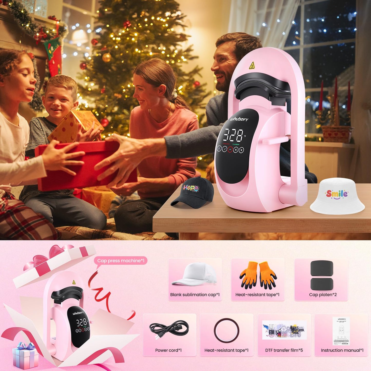 Whubefy Auto Hat Heat Press Machine, 3-in-1 Hat Press Heat Machine for Caps with 3 Platens, Blank Cap, Gloves, Automatic Open/Release, Heat Transfer Cap Heat Press HTV Iron On for Vinyl, Sublimation