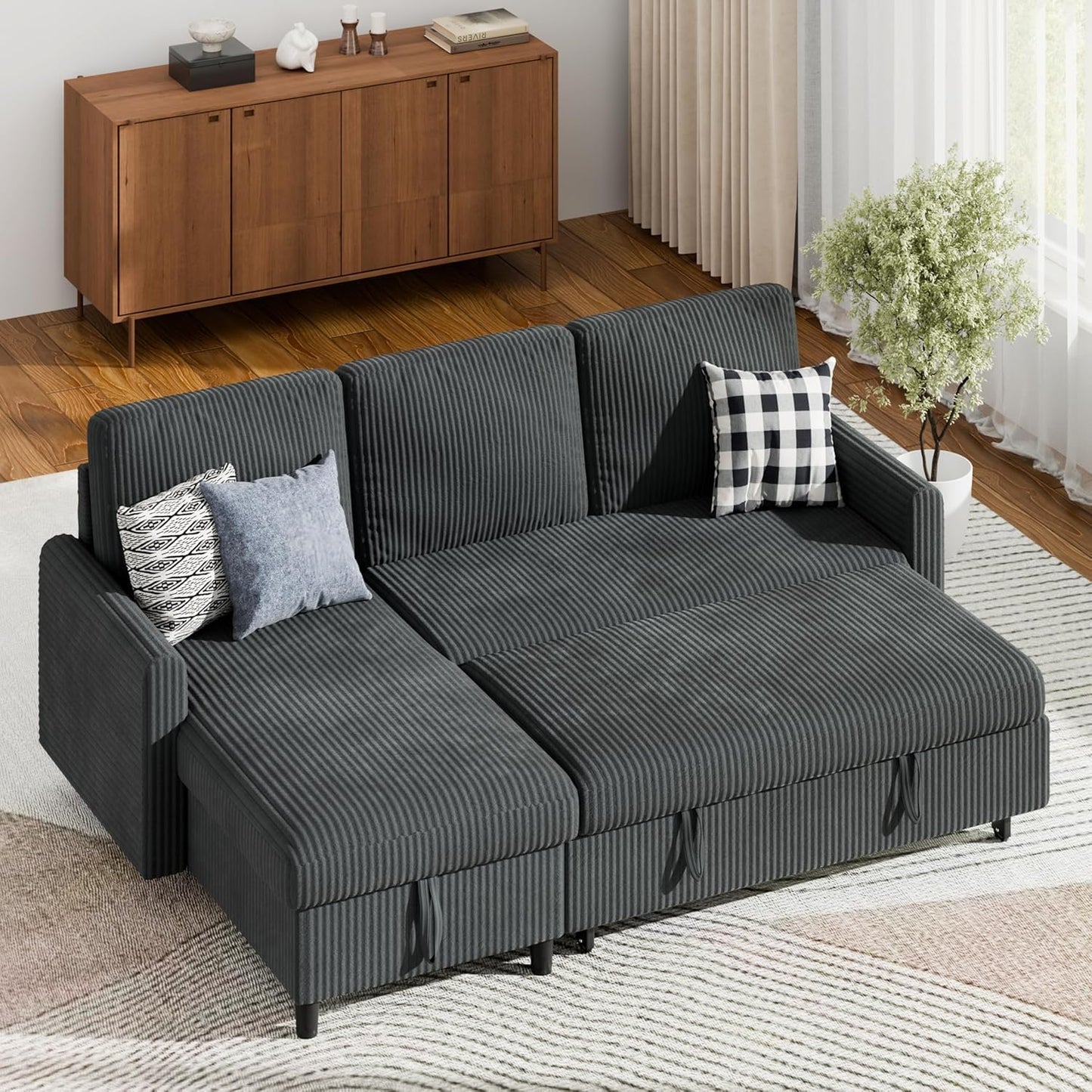 Shintenchi Futon Sofa Bed Convertible Couches L Shaped, 4‑in‑1 Sectional Sleeper Sofa Pull Out Couches for Living Room, Multifunctional Couch with Storage Chaise Corduroy Fabric, Dark Gray