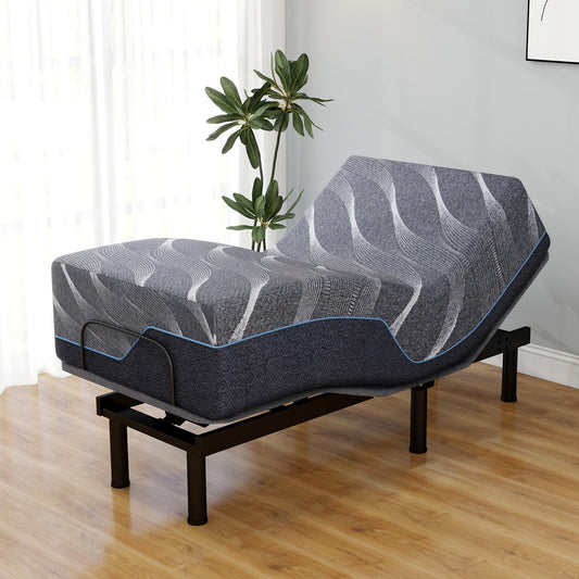 Vipbear Adjustable Bed Base Twin XL Massage with 12" Gray Mattress Dual Head & Foot Lift Electric Bed Frame with Wireless Remote | 0 Gravity | Anti-Snore | Under Bed LED | USB Ports
