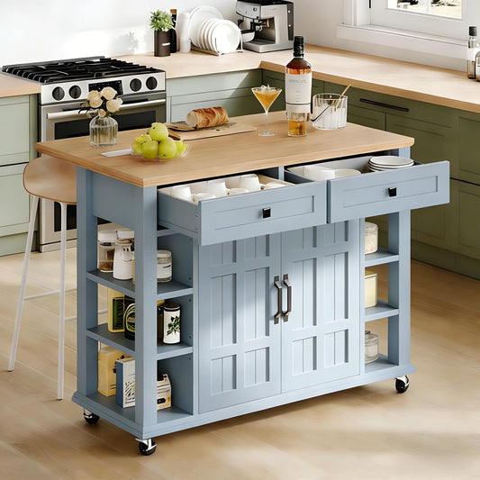 YITAHOME Kitchen Island with Drop Leaf & Power Outlet, Rolling Kitchen Cart on Wheels, Americana Kitchen Island Cabinet with Open Shelves for Kitchen Dining Room, Thicker Rubberwood Top, Grey Blue