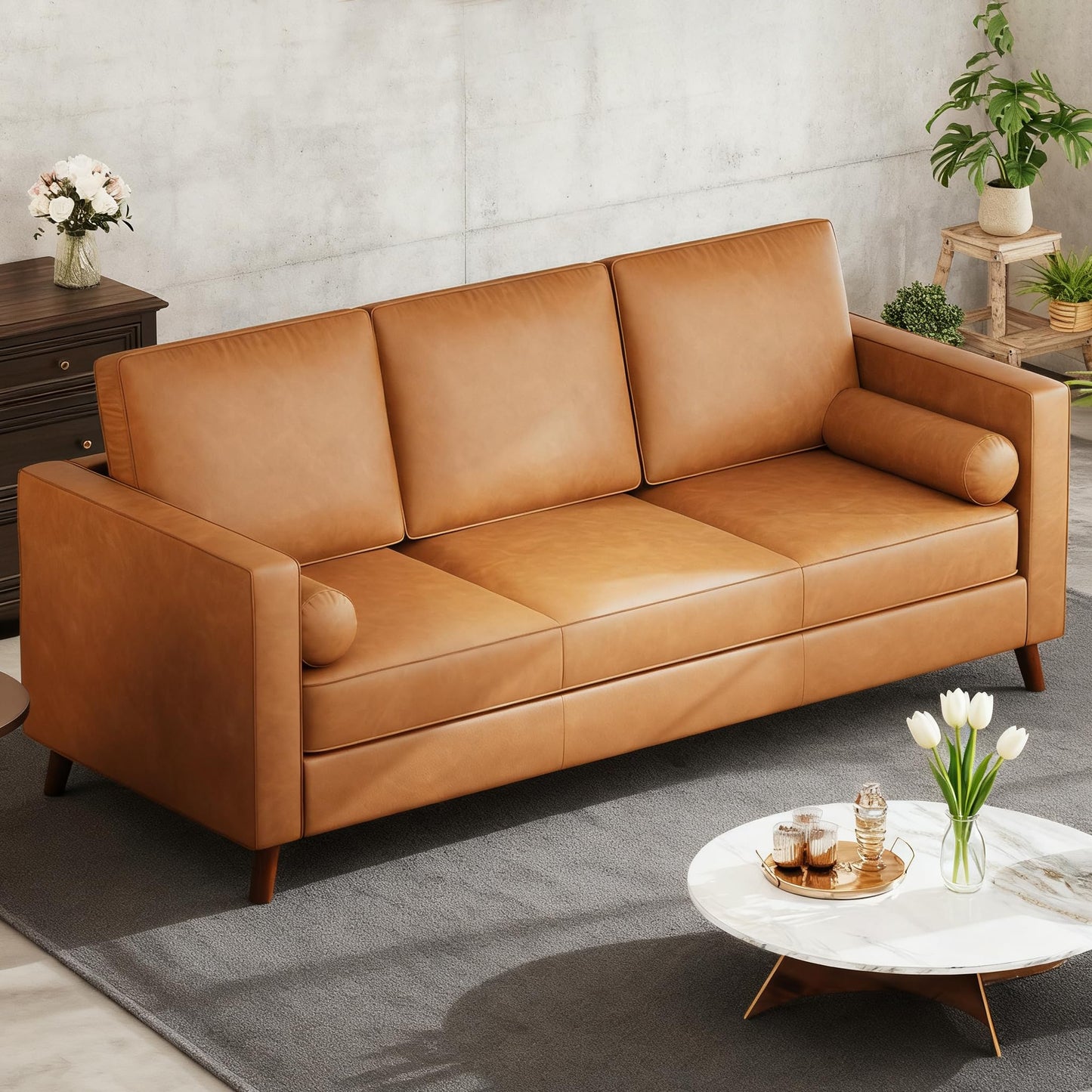 GarveeHome 86" Modern Leather Sofa for Living Room, Mid-Century Couch with Deep Seats, Brown Faux Leather Couch, 3 Seat Sofa with Removable Cover for Apartment, Office, Cognac Tan