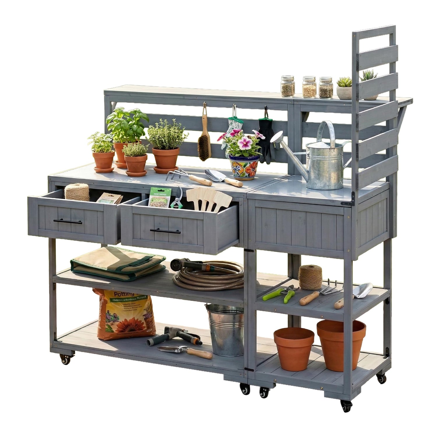 GDFStudio Elshire Patio Kitchen Island Cart with Storage, Wooden Outdoor Storage Cabinet with Stainless Steel BBQ Prep Table Top, Drawers, Raised Shelf and Lockable Wheels, Garden Potting Bench, Gray