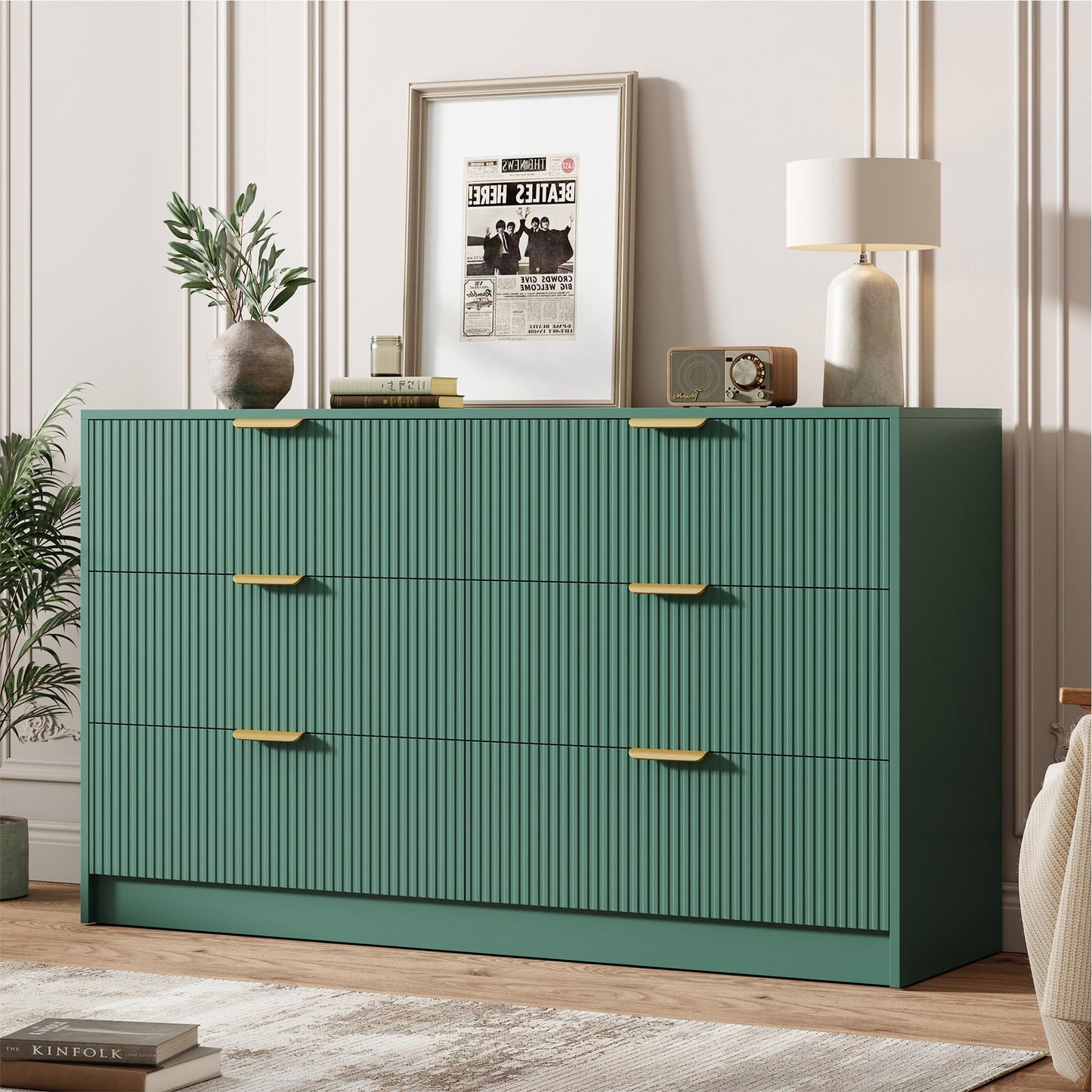Garvee 6 Drawers Dresser for Bedroom - 54" Wide Modern Fluted Double Chest of Drawers with Golden Metal Handles, Large TV Stand Multi-Function Home Organizer for Living Room, Entryway, Hallway, Green