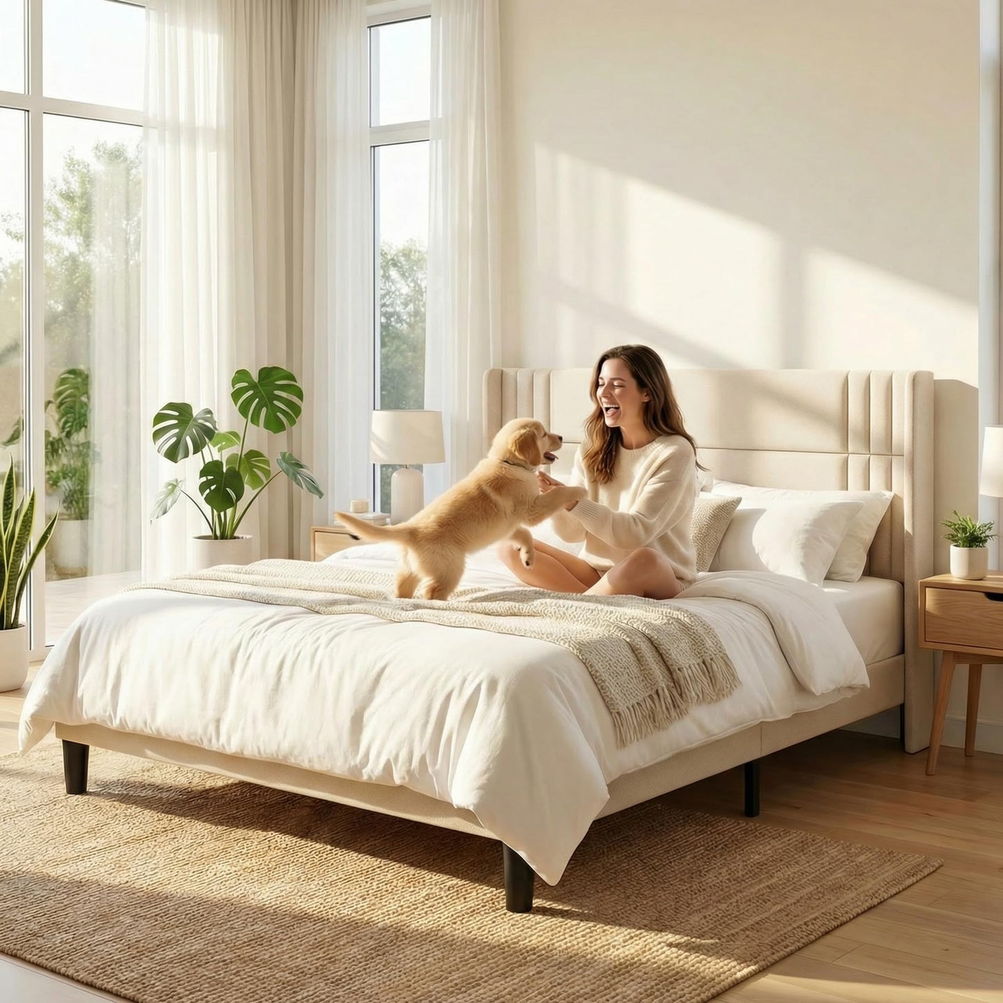 Gizoon King Bed Frame with Wingback Headboard, Upholstered Platform Bed with Modern Geometric Headboard, Wooden Slats, Noise-Free, No Box Spring Needed