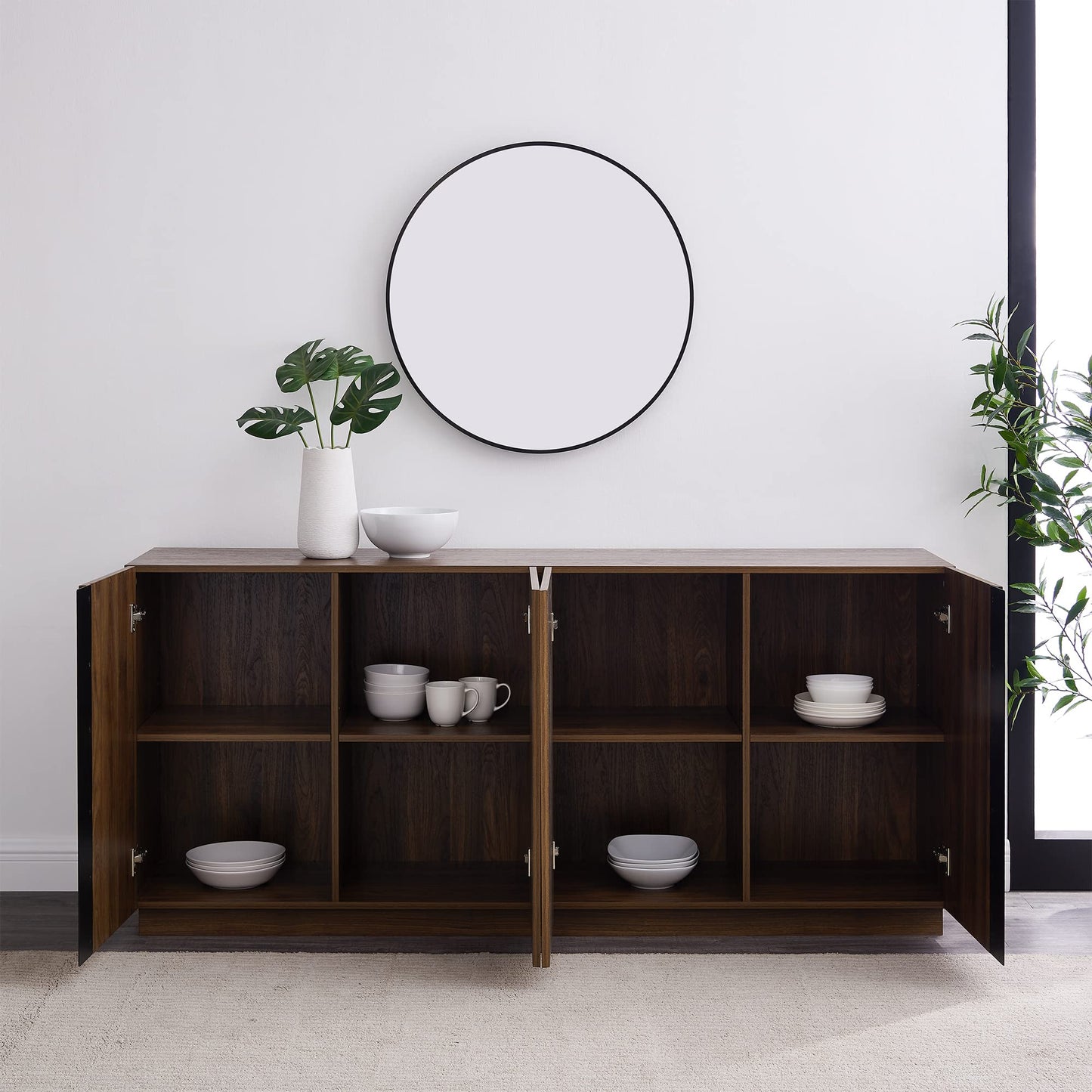 Walker Edison Liss Contemporary 4-Door Minimalist Sideboard 70 Inch Dark Walnut