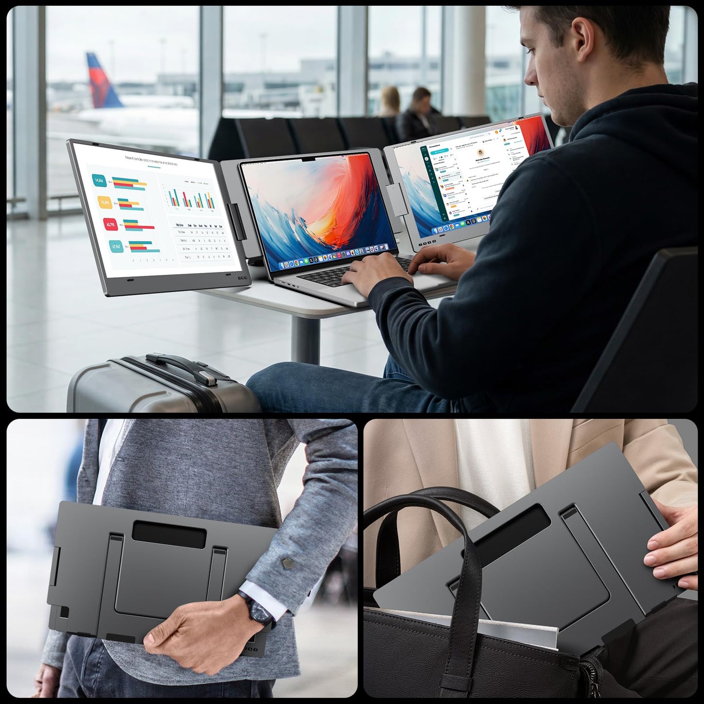 KYY Triple Laptop Screen Extender, 1080P FHD IPS 15.6" Travel Monitor, One Cable USB-C Portable Monitor, Dual Screen for 12"-17'' Laptops, Full Alloy, 360° Rotation & Kickstand, X90D (Driver Need)