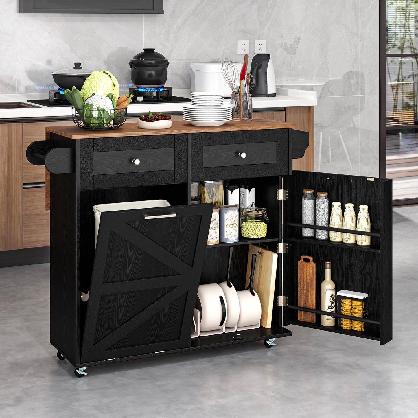 Giantex Kitchen Island Cart with Hidden Tilt Out Trash Can Cabinet, Drop Leaf, 2 Drawers, Towel Rack, Rolling Mobile Breakfast Bar Table, Wood Kitchen Storage Cart on Wheels (Black & Natural)