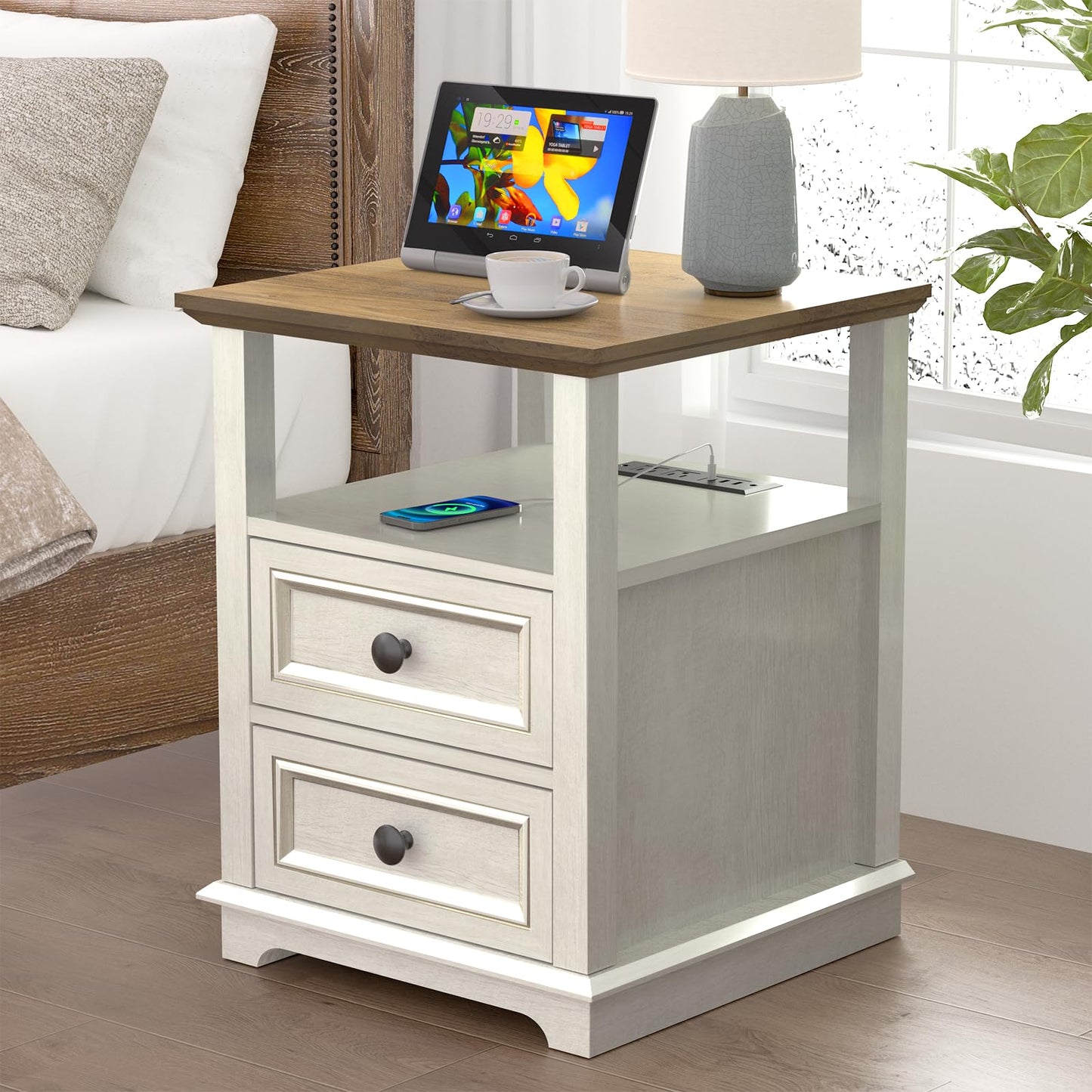 REDAYFUR 24” Tall Nightstand with Charging Station, 18” Bedside Table with Drawers,Rustic Wooden Storage Cabinet with Open Shelf for Bedroom,White