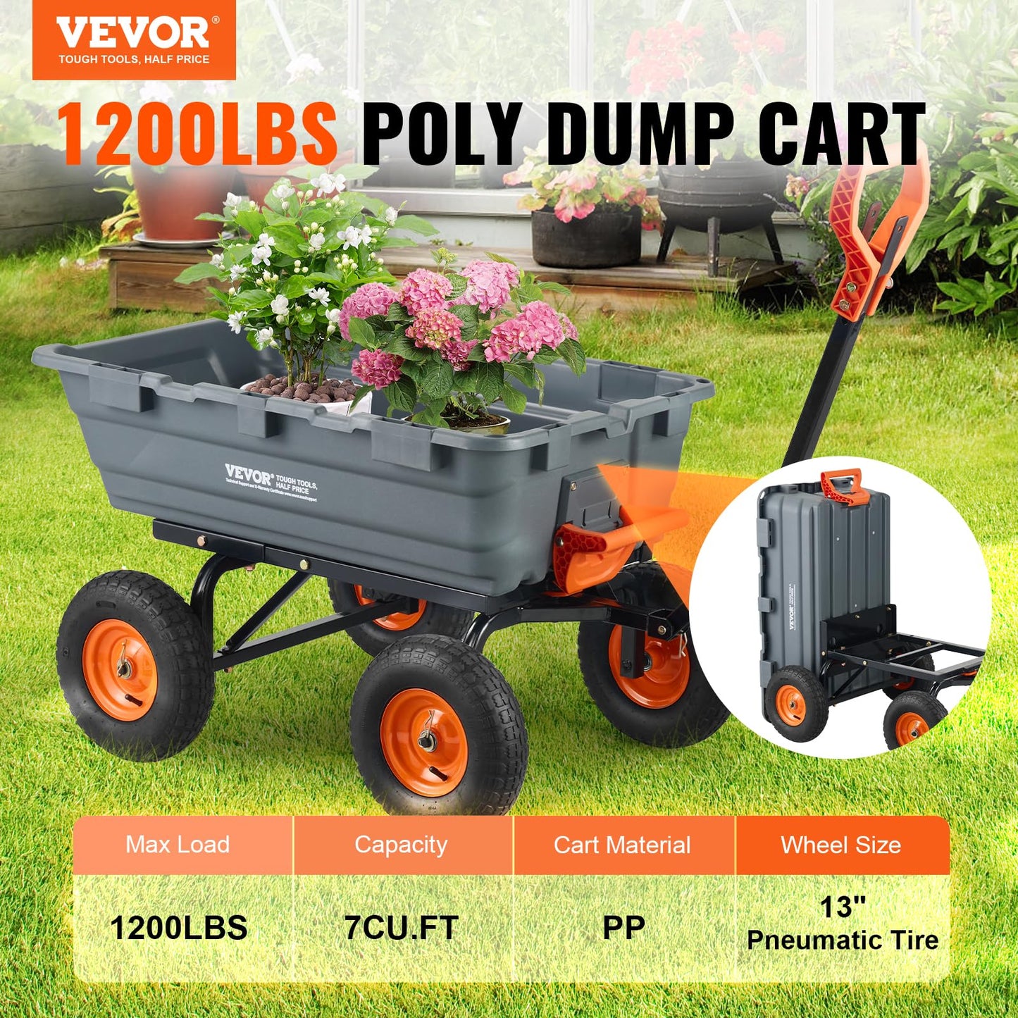 VEVOR 1200lbs 7Cu.Ft. Garden Dump Cart with 2-in-1 Convertible Handle and 13in All Terrain Wheels, Heavy Duty Poly Yard Dump Wagon Utility ATV Trailer Dump Cart Tow Behind for Lawn Mower Tractor