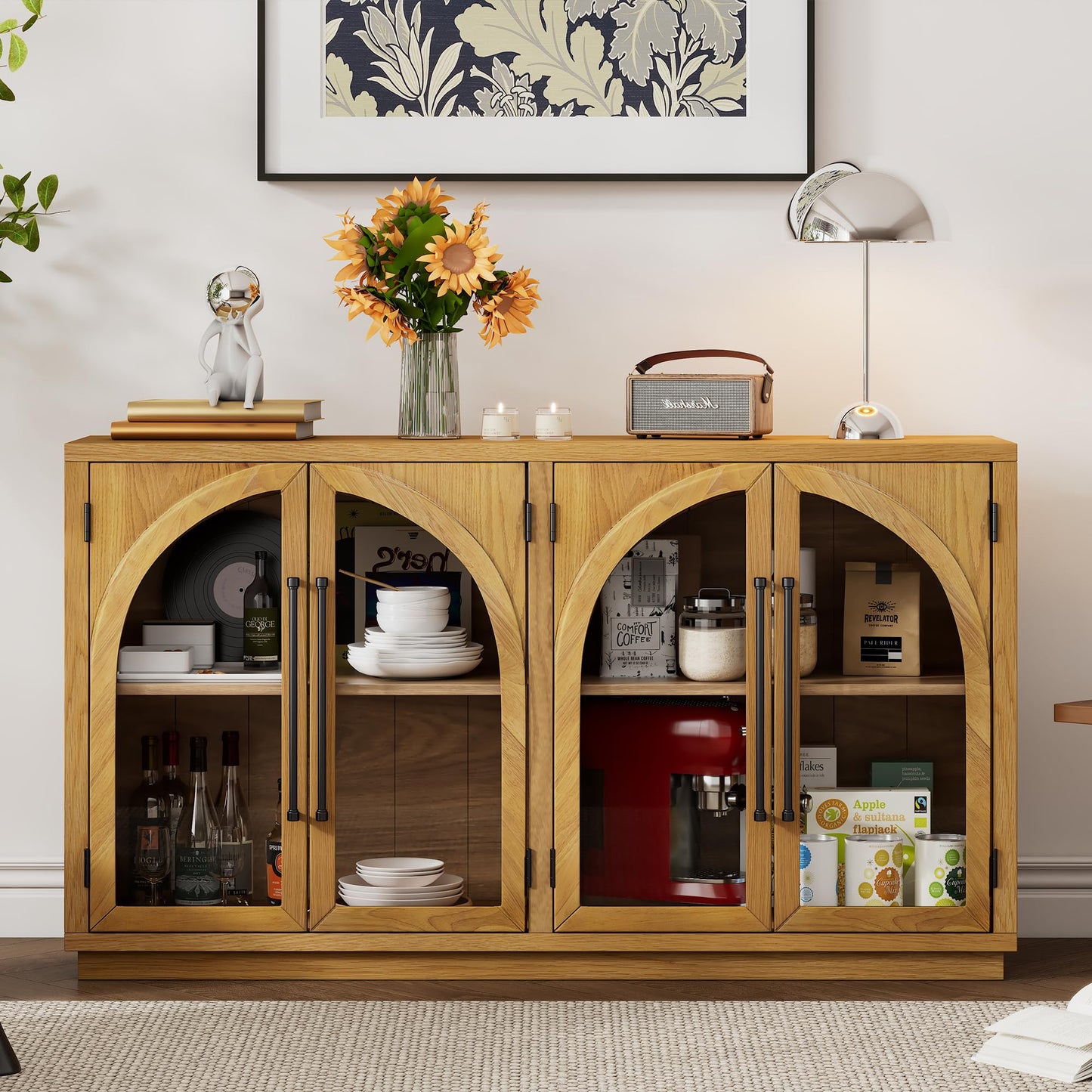 Merax Wood Farmhouse Buffet Sideboard with Adjustable Shelves and 4 Doors Glass Coffee Bar Cabinet TV Stand for Living Room Bedroom Kitchen Natural Wood