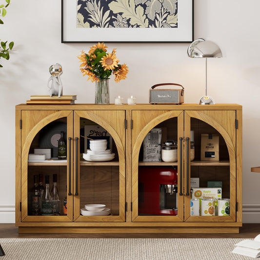 Merax Wood Farmhouse Buffet Sideboard with Adjustable Shelves and 4 Doors Glass Coffee Bar Cabinet TV Stand for Living Room Bedroom Kitchen Natural Wood