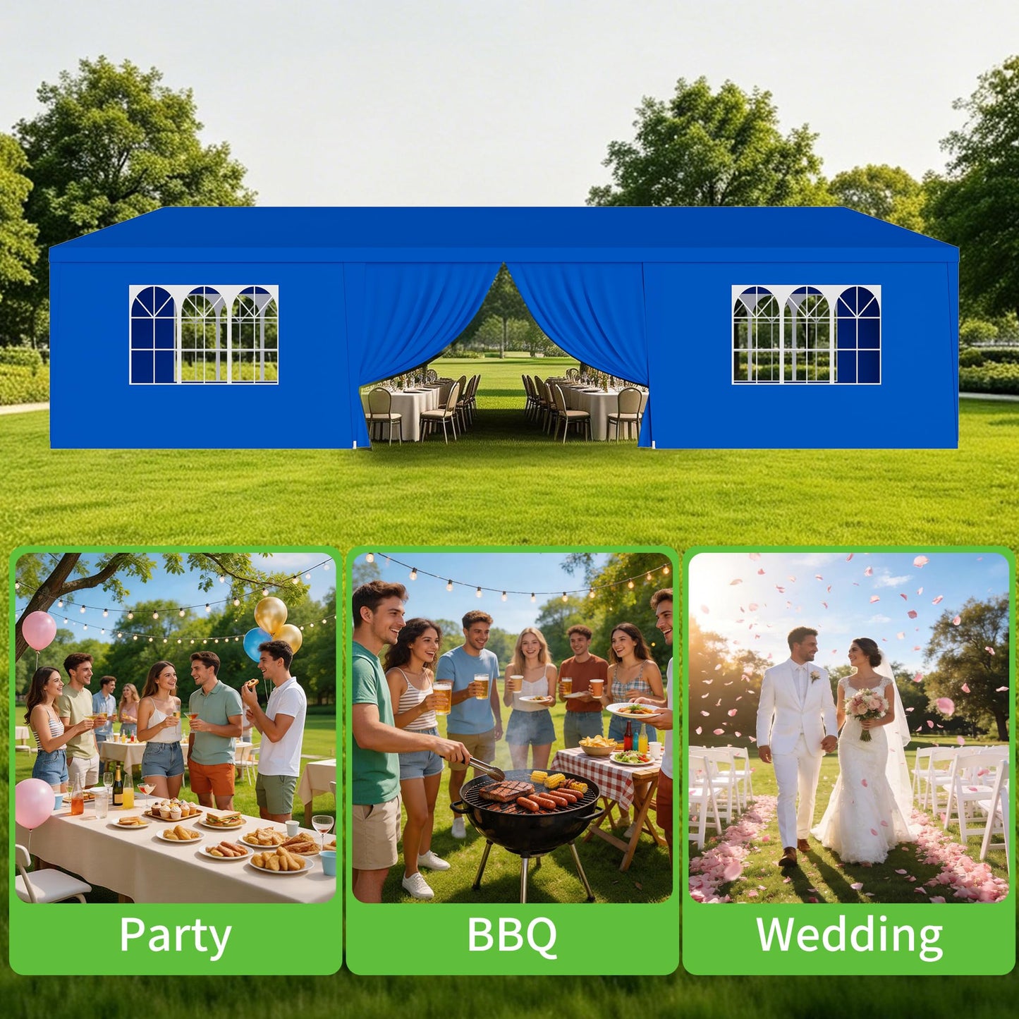10' x 30' Outdoor Canopy Tents with 8 Detachable Sidewalls, Blue Patio Gazebo Tents, Shade Shelters for Birthday, Events, Party, Wedding, Gatherings and Patio