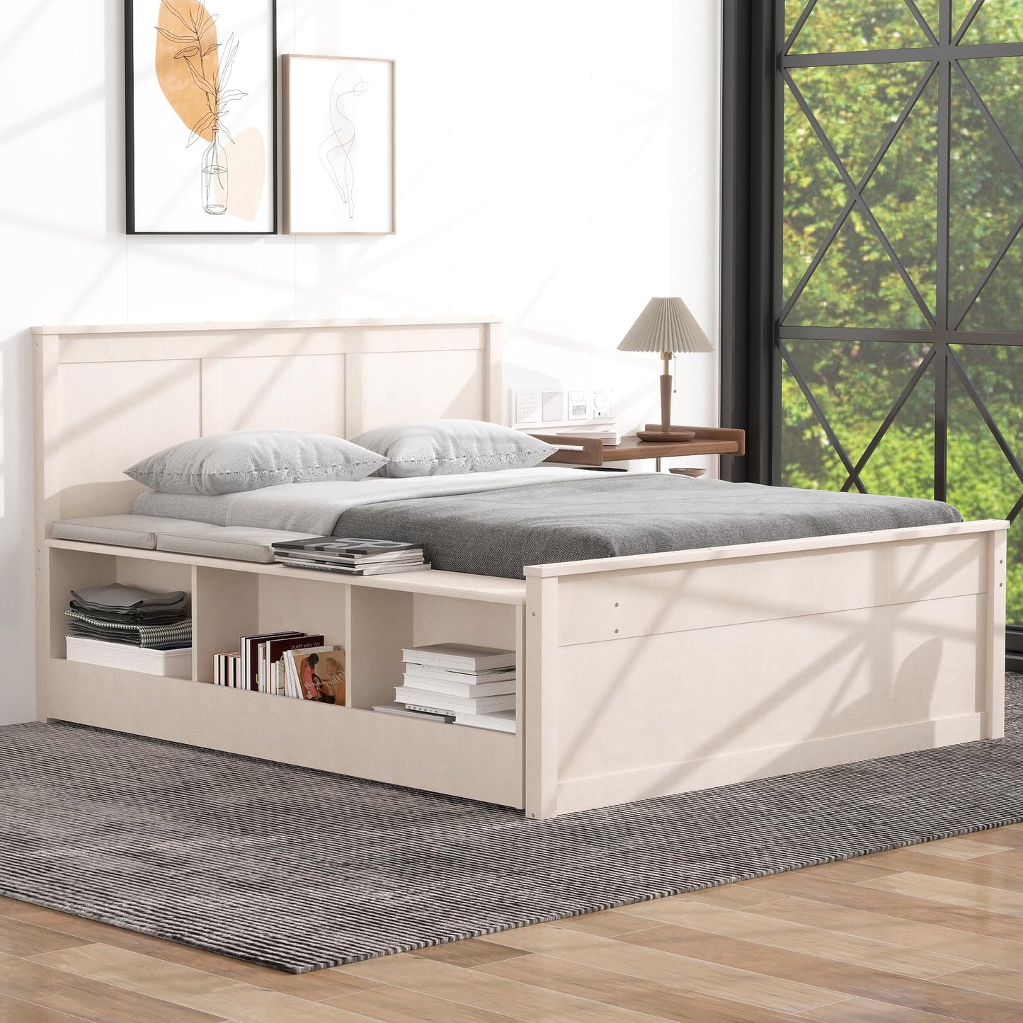 Merax Classic Solid Wood Platform Bed with Trundle Bed and Storage Cabinet, Full Storage Bed Frame with Headboard for Bedroom, Guest Room,No Box Spring Needed, Space Saving, Cream White