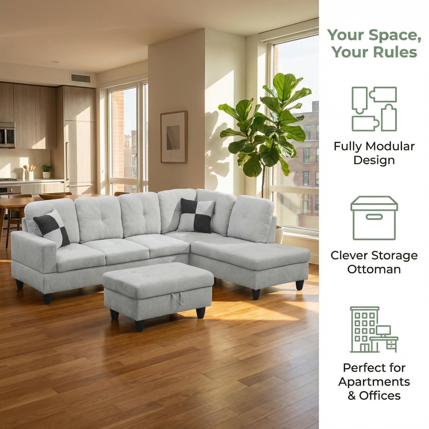 NicBex Sectional Couch 3 Pieces Sofa Set, L-Shaped Modular Couches for Living Room, Furniture Sets with Lounge Chaise & Storage Ottoman, Multi-Scene Use for Apartment & Office, Light Gray