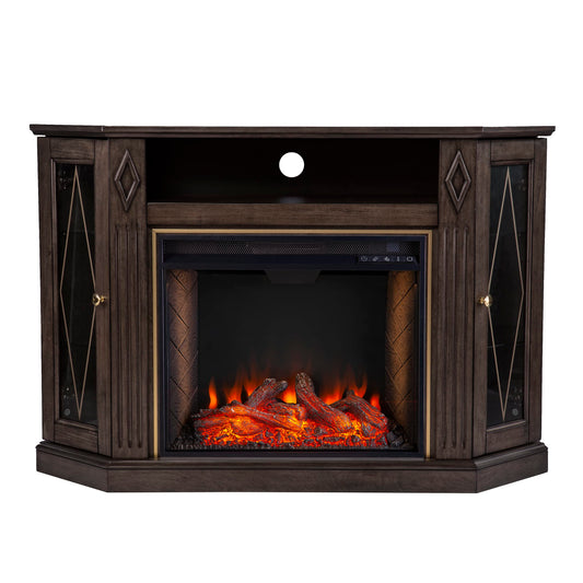SEI Furniture Austindale Brown Electric Fireplace Media Console, Fireplace TV Stand with Storage, Criss Cross Design, 47” Wide (FX1137556)