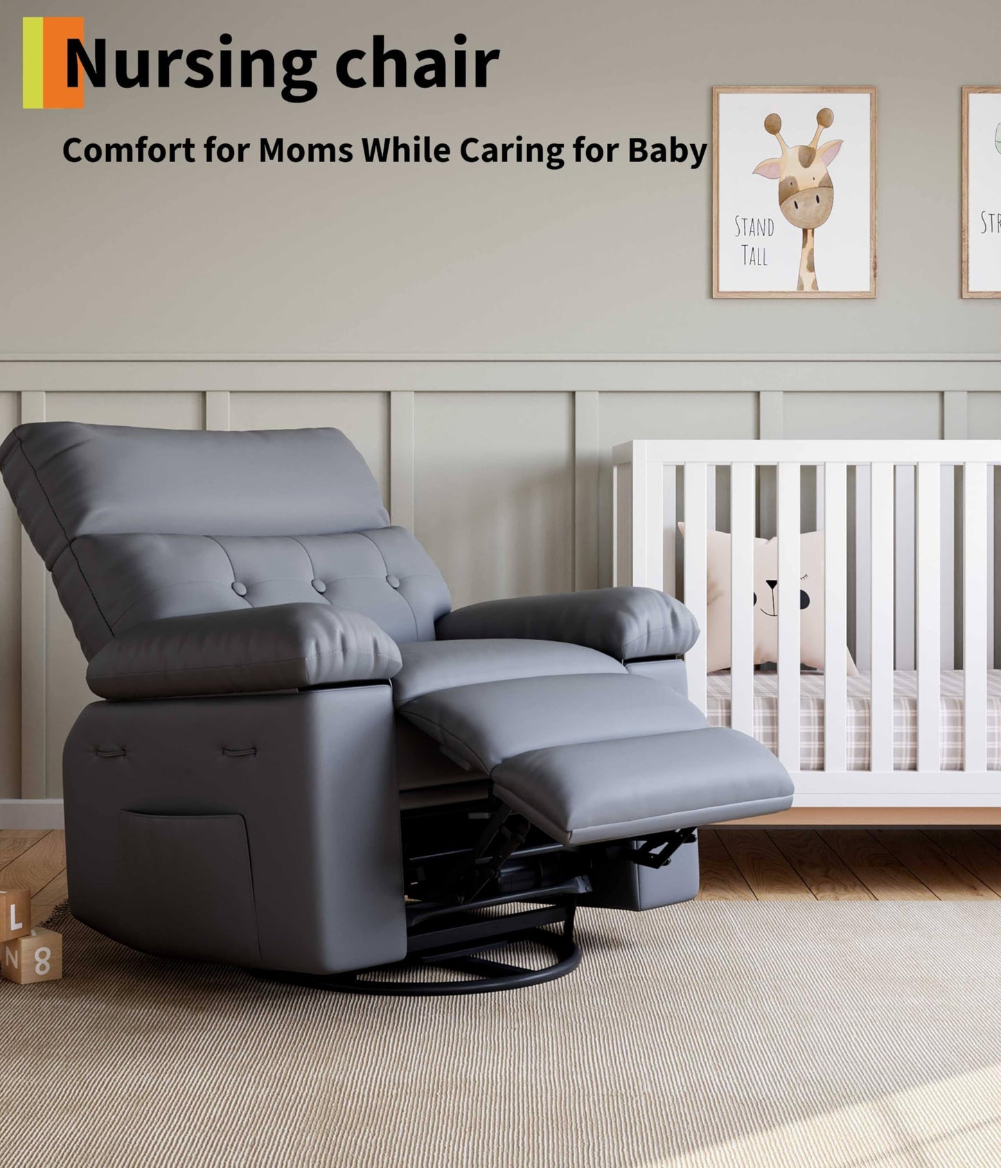GarveeHome Oversized Leather Recliner Chair - Heat and Massage, Swivel Rocker Manual Recliner for Adults, Lazy Rocking Chair with Comfort Arms and Back Single Sofa for Living Room
