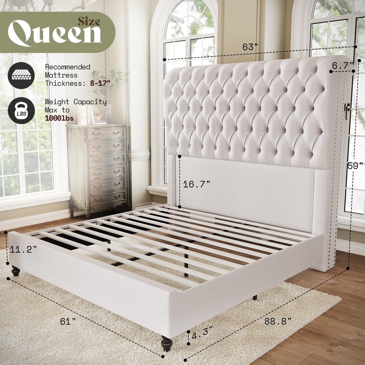 AMERLIFE Queen Size Bed Frame and Headboard with 59" Tall Sleigh Design, Luxury Velvet Upholstered Queen Bed Frame with Handcrafted Deep-Tufted and Solid Wood Legs, No Box Spring Needed,Cream