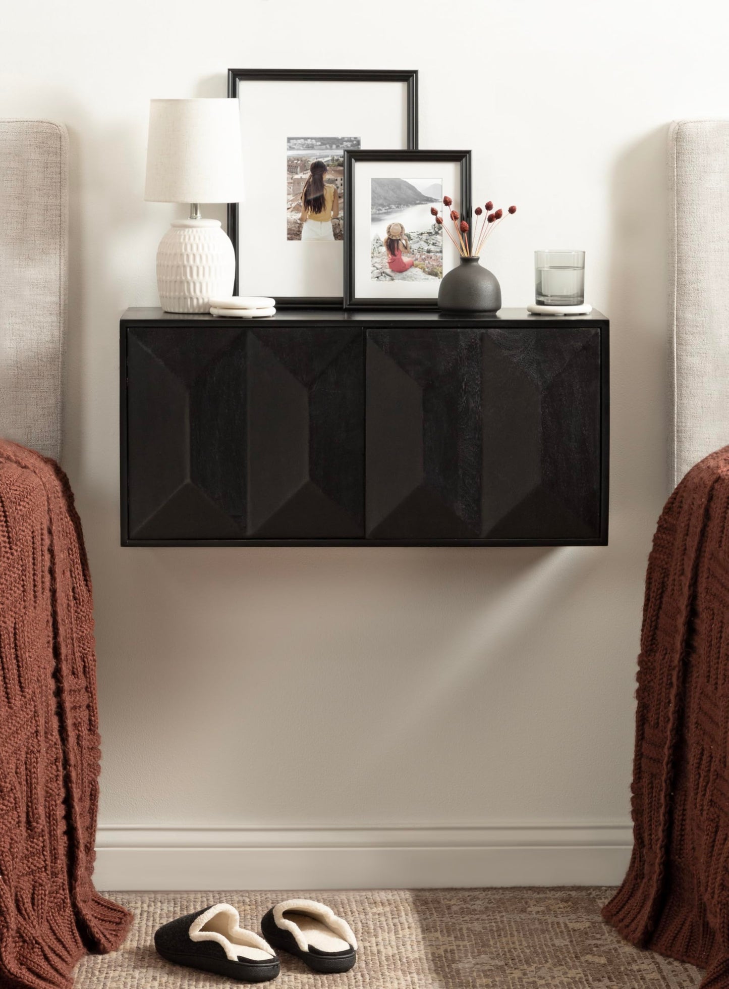 Kate and Laurel Ranier Modern Wooden Two-Door Wall Cabinet; 30 x 10 x 14; Black; Decorative Storage Cabinet with Dimensional Face for Use as Floating Nightstand or Floating TV Shelf