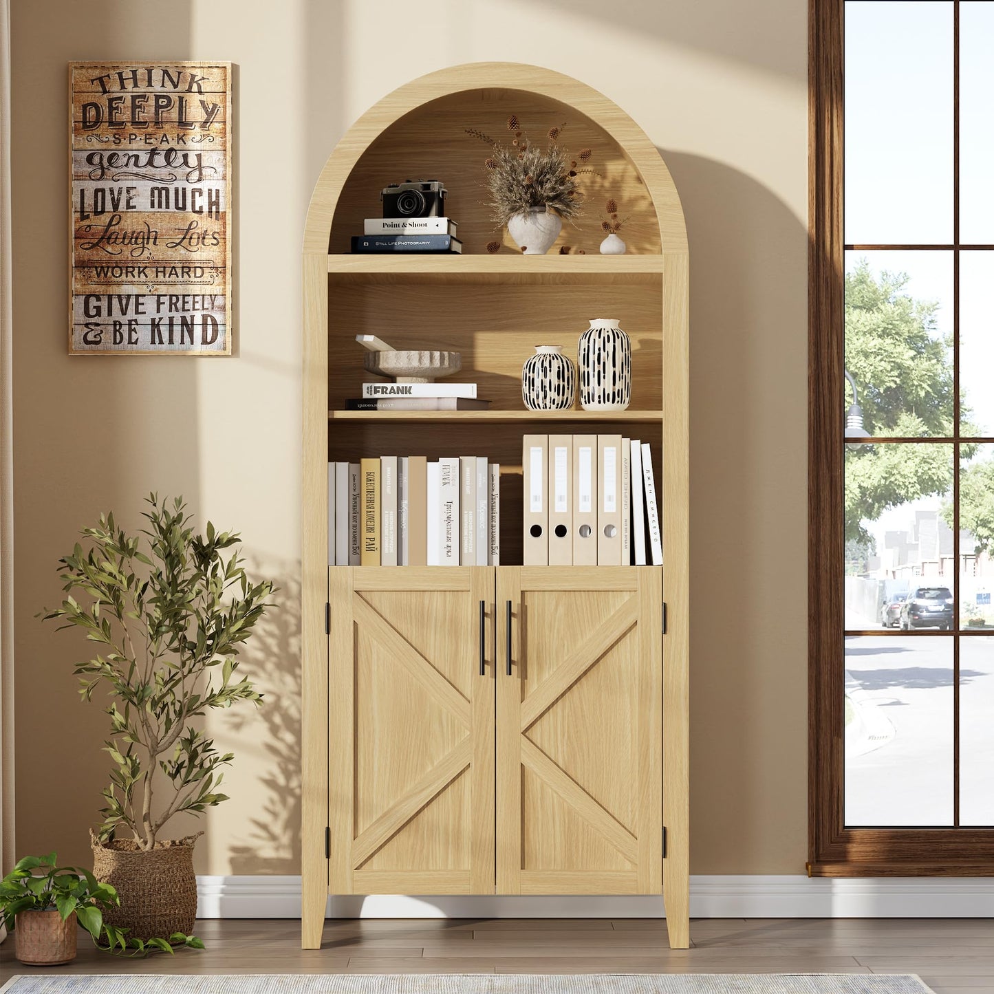 IDEALHOUSE Arched Kitchen Pantry Cabinet with Doors, 5-Tier Wooden Display Cabinet with Adjustable Shelf, Farmhouse Storage Organizer for Kitchen, Dining Room, Living Room, Home Office, Natural