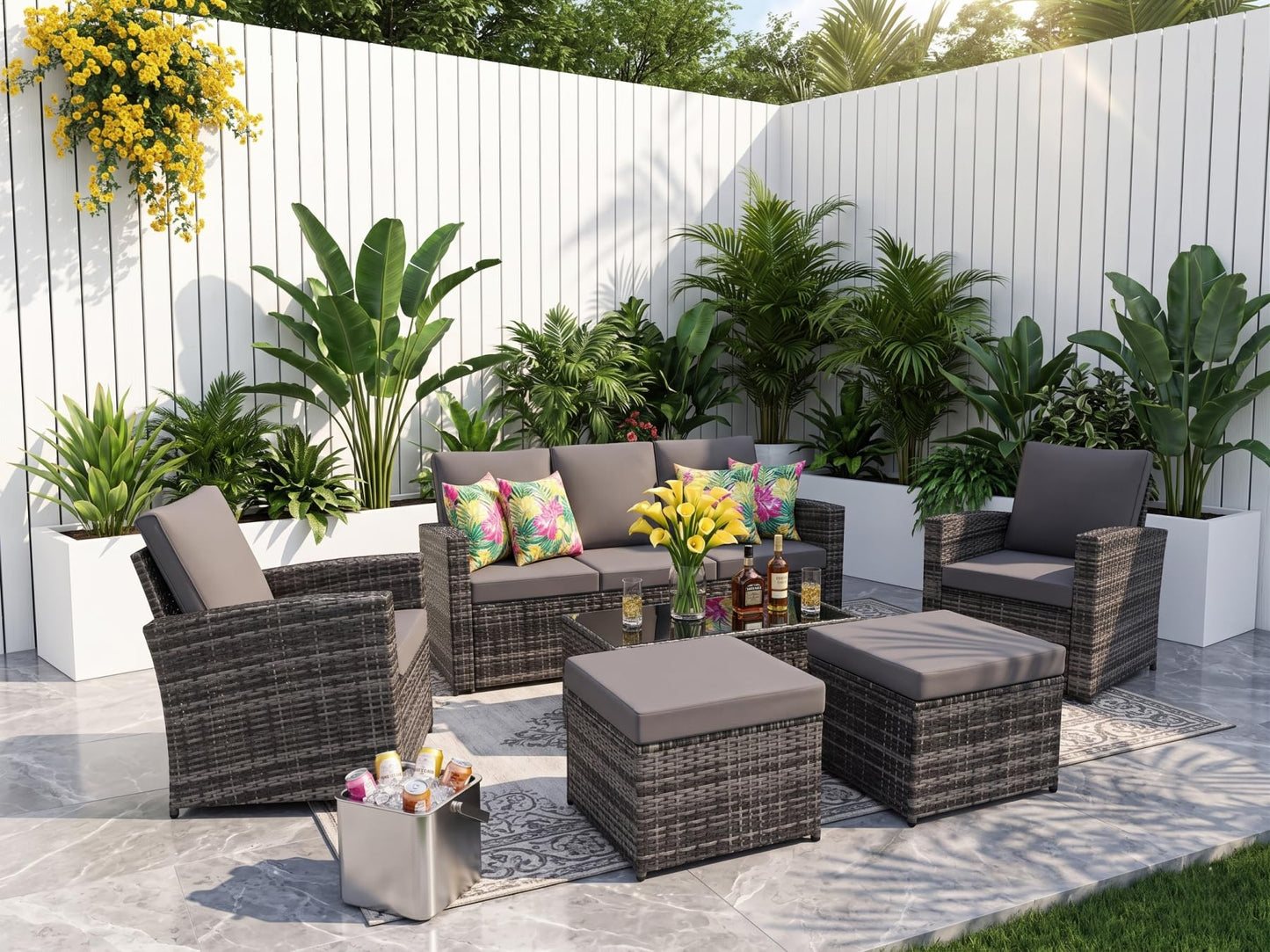 KEIKI 6Pcs Outdoor Patio Conversation Furniture Sets with Couch,Chair, Glass Coffee Table & Ottoman, PE Wicker Sectional Couch Sofa Seating with Thick Cushion for Backyard Lawn Poolside, All-Weather