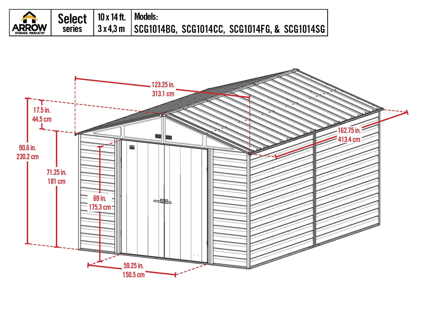 Arrow Shed Select 10' x 14' Outdoor Lockable Steel Storage Shed Building, Charcoal