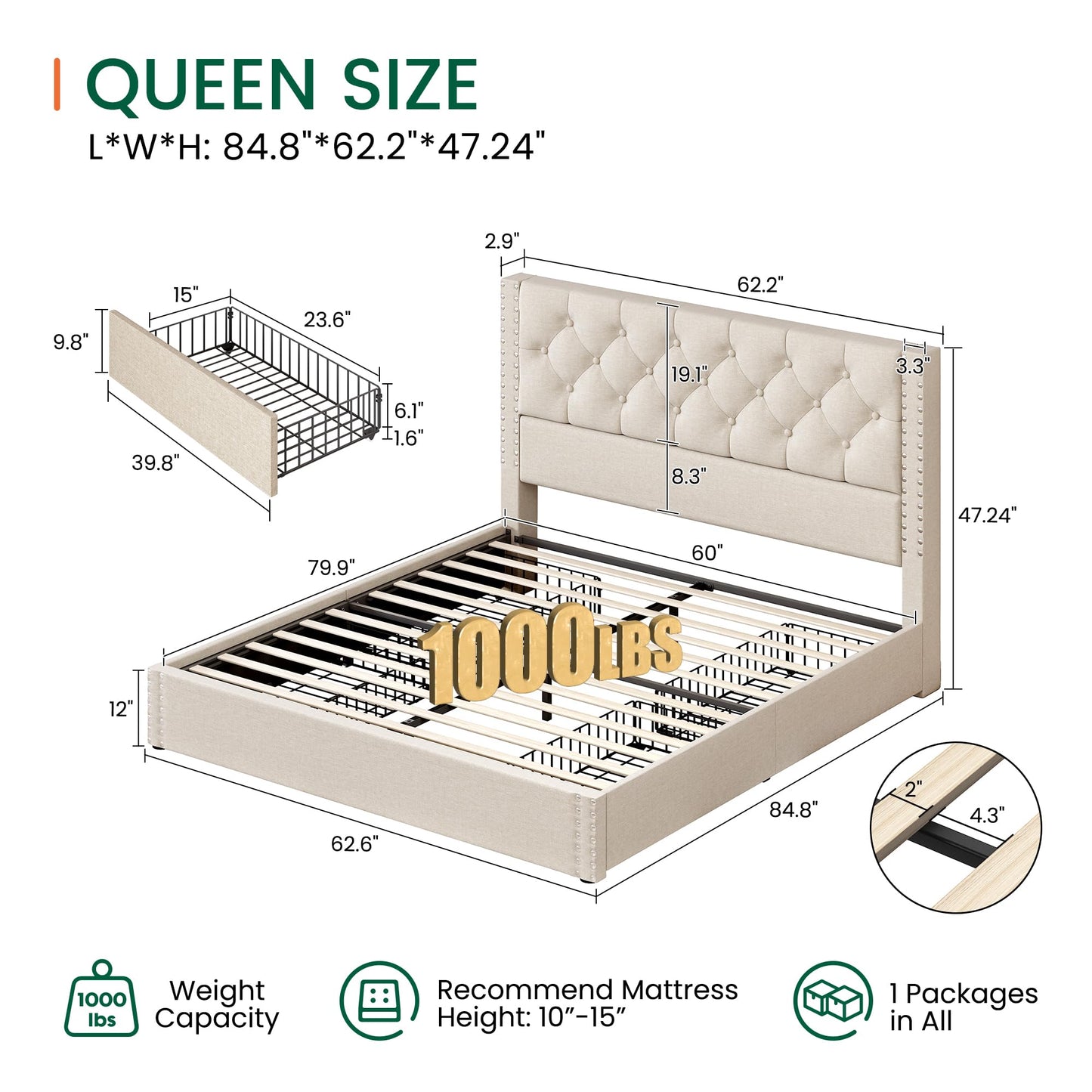 LARMACE Queen Size Bed Frame with 4 Storage Drawers and Tufted Headboard Linen Upholstered Platform Bed Frame with Heavy Duty Wood Slats, No Box Spring Needed, Easy Assembly, Beige