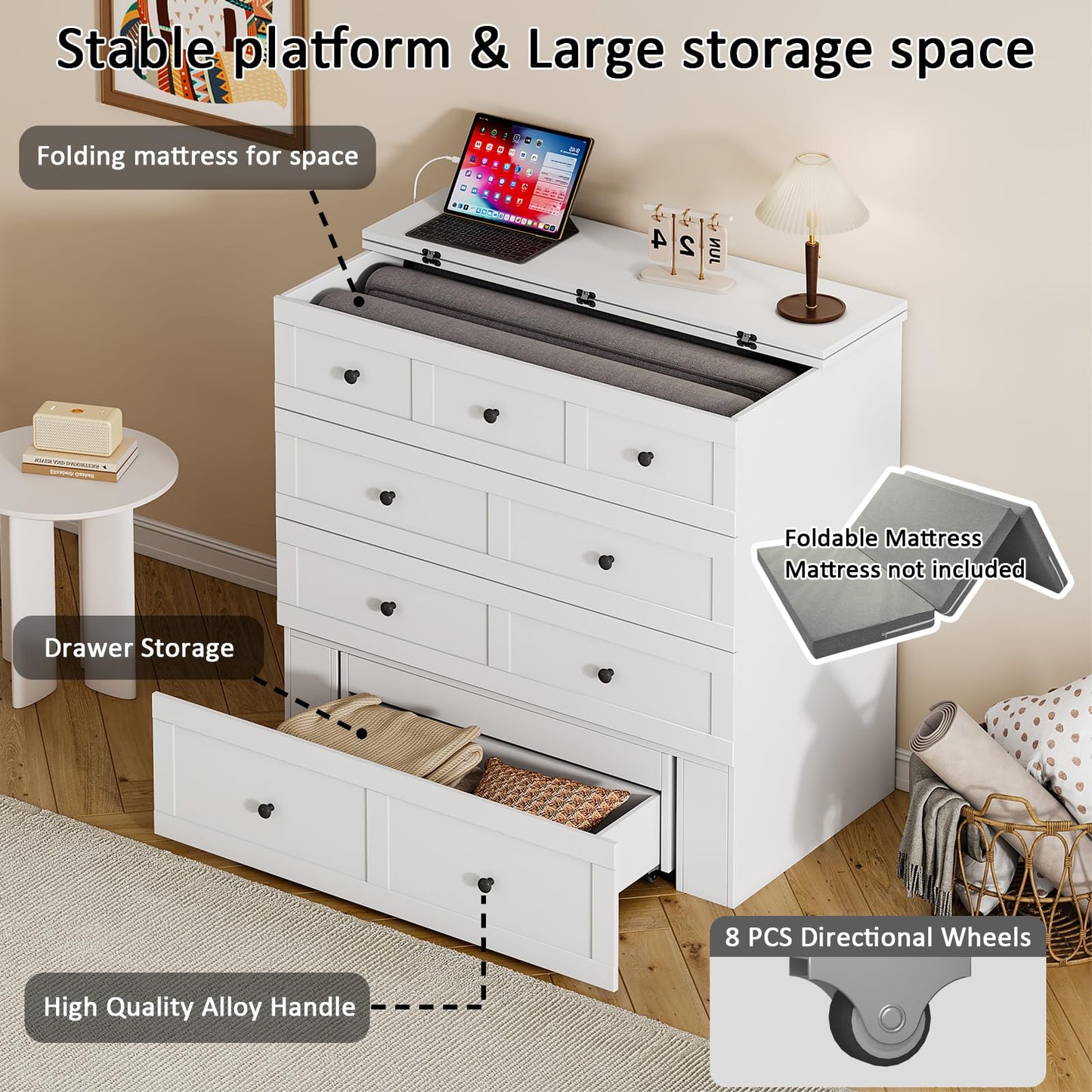 LIVAUVEAD Twin Murphy Bed with Built-in Charging Station, Space-Saving Murphy Bed Chest Twin with Drawer, Foldable, for Home Office Guest Room Bedroom White