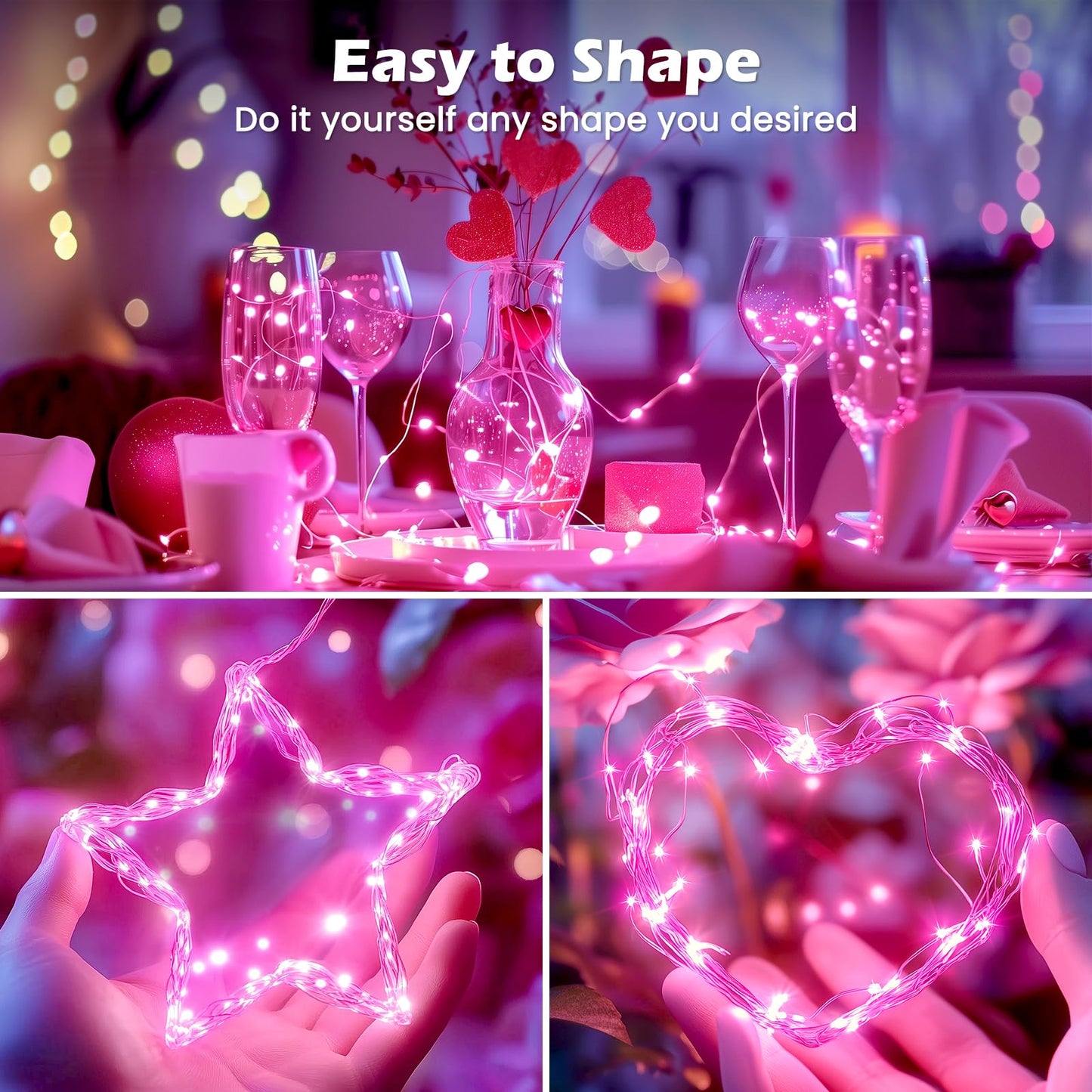 Minetom Fairy Lights, 20 LED Battery Operated String Lights, 7 FT Silver Wire, 5 Pack, Pink, Model b410b0ea-5d3b-4b