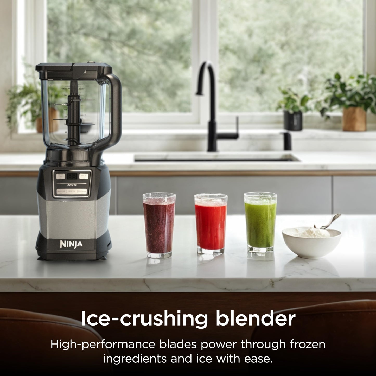 Ninja Blender, Compact Kitchen System, 1200W, 3 Functions for Smoothies, Dough & Frozen Drinks with Auto-IQ, 72-oz.* Blender Pitcher, 40-oz. Processor Bowl & 18-oz. Single-Serve Cup, Grey, AMZ493BRN