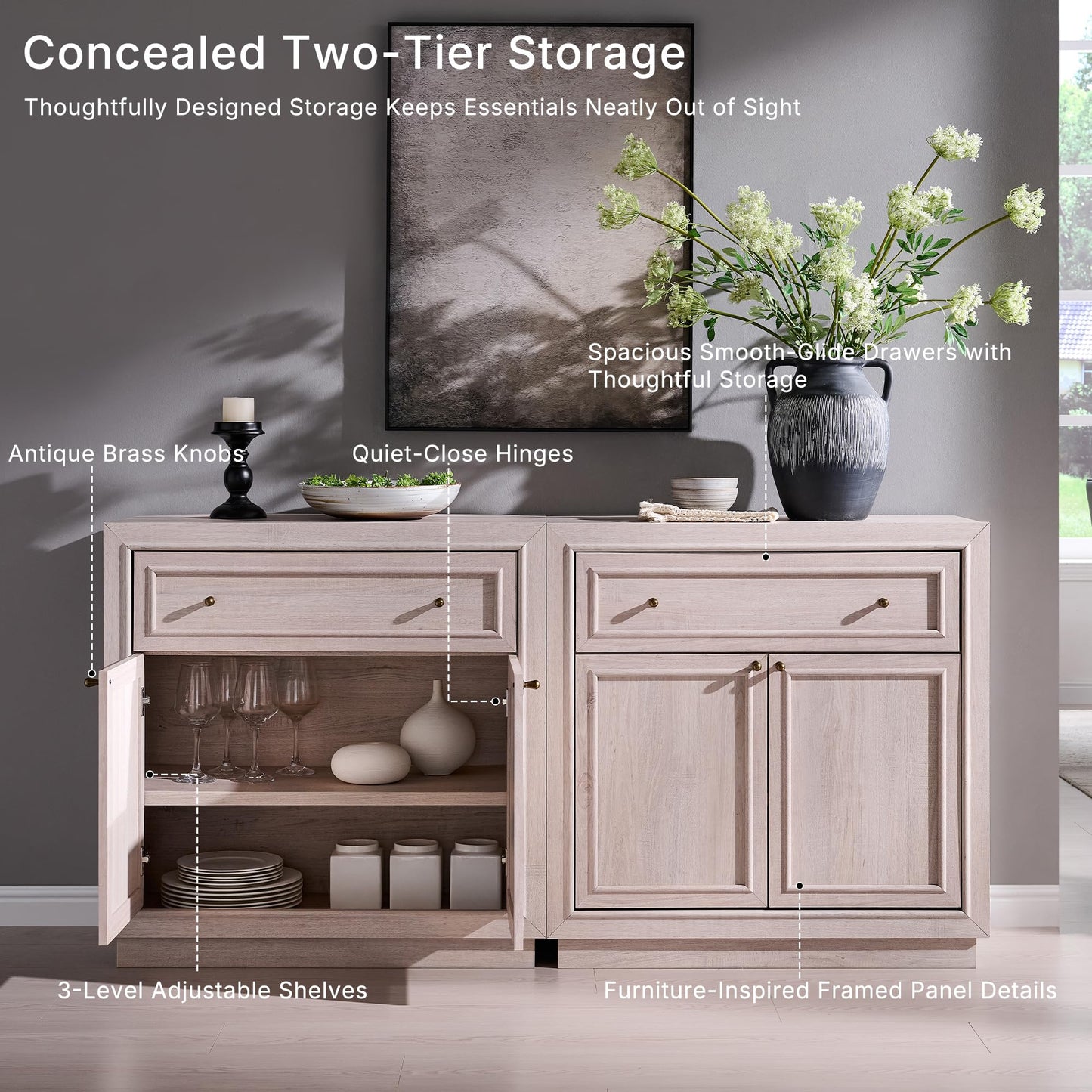 ACCOHOHO Modern Farmhouse Buffet Cabinet, 63" Sideboard Credenza, Modular Storage Cabinet with Framed Panel Fronts, 4 Doors, 2 Drawers, Adjustable Shelves & Dual Base Design, White Alder
