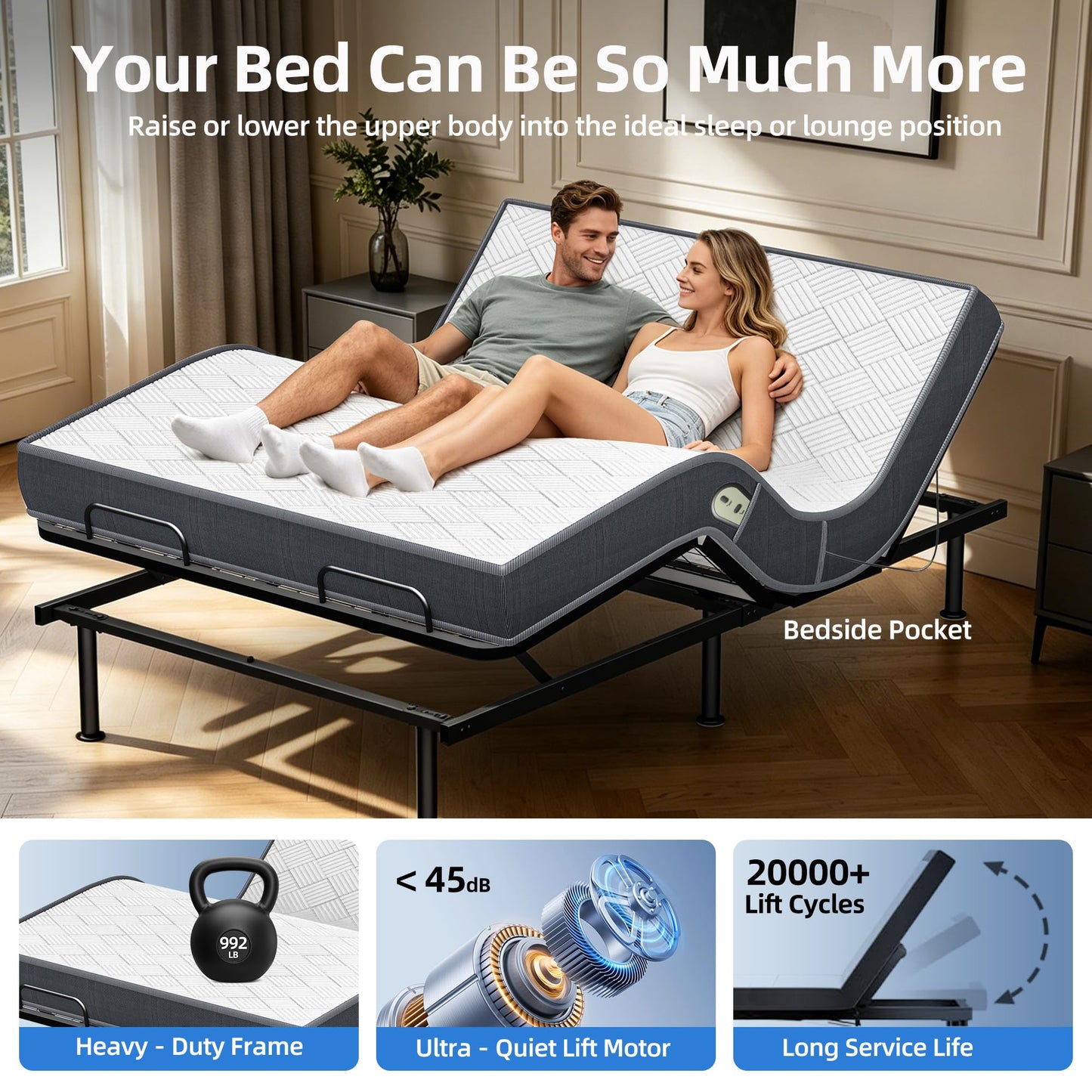 AESOROMO Full Size Adjustable Bed Frame Base with Mattress Electric Bed Simultaneous Head & Foot Incline Zero Gravity Aniti-Snore Adjustable Leg Heights 5 Inch Foam Mattress
