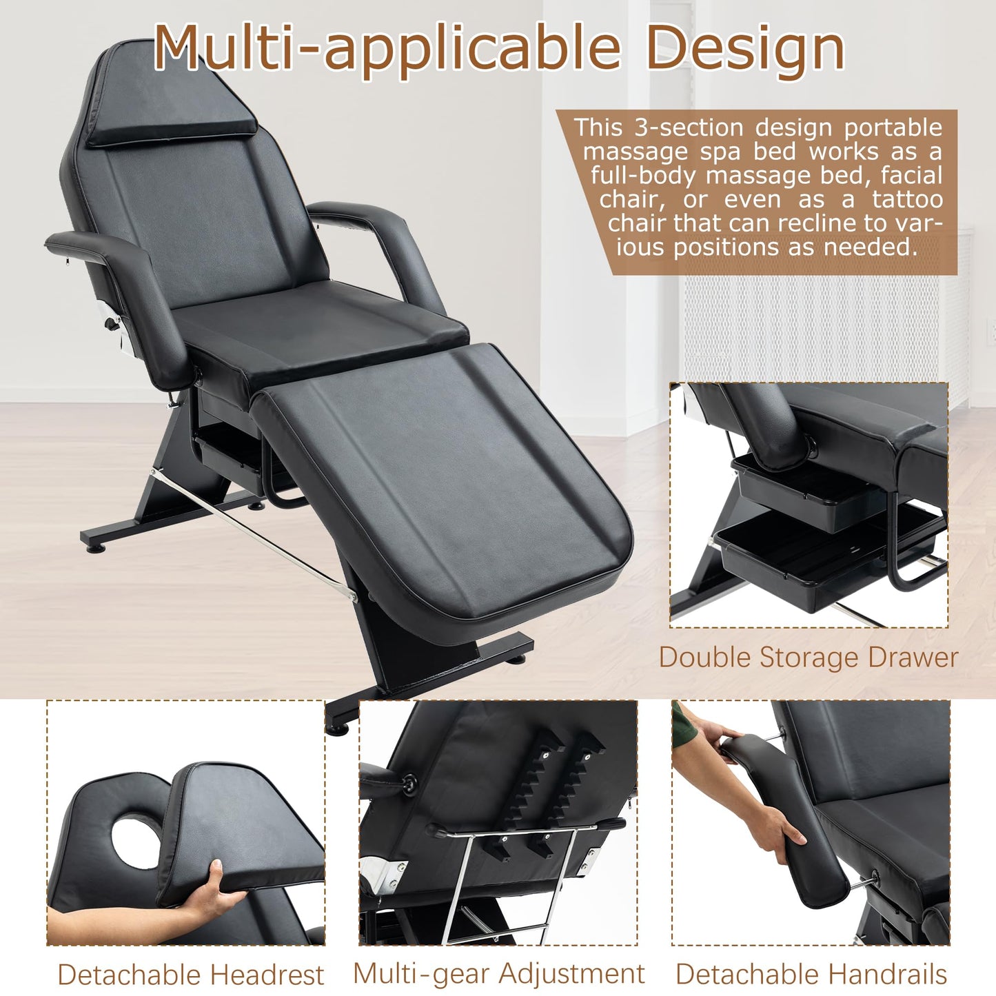 Brisca Massage Salon Tattoo Chair with Two Trays,Esthetician Bed W/Hydraulic Stool and Multi-Purpose 3-Section Facial Table,for Barber,Mani-pedis,Spa,Black