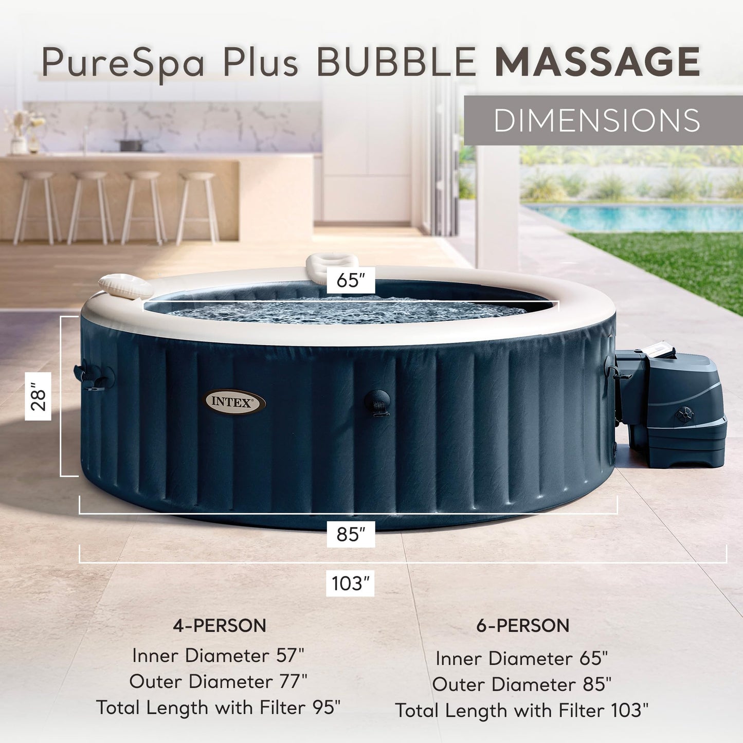 INTEX PureSpa Plus 6 Person Round Inflatable Hot Tub, Bubble Massage Spa Set with Energy Efficient Cover, 2 Headrests, & LED Light, 85 in x 28 in