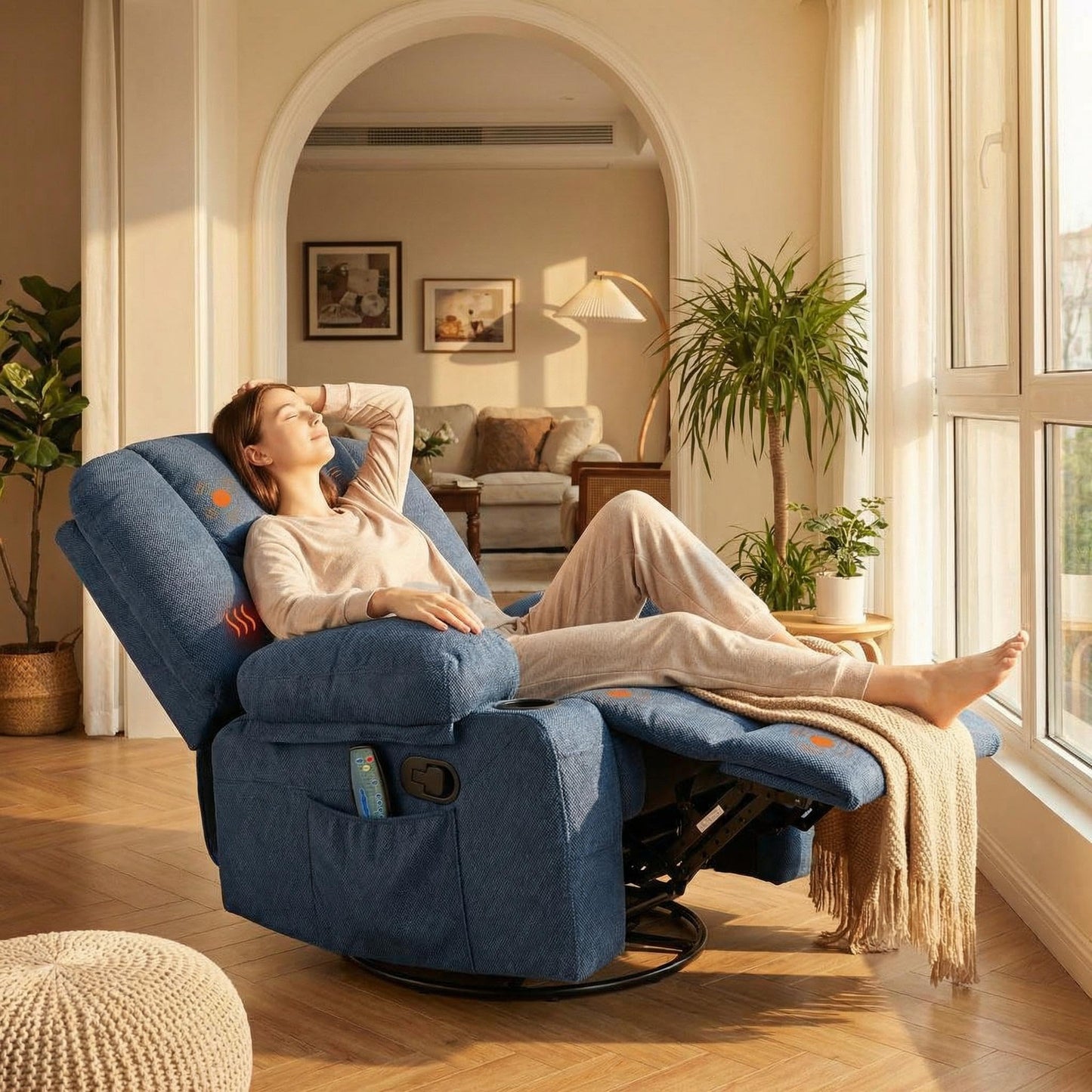 GarveeHome Oversized Wide Recliner Chair-Heat and Vibration Massage, 360° Swivel Rocker Chair for Adults,Chenille Fabric Manual Recliner with Cup Holders & Side Pocket for Living Room, Bedroom,Blue