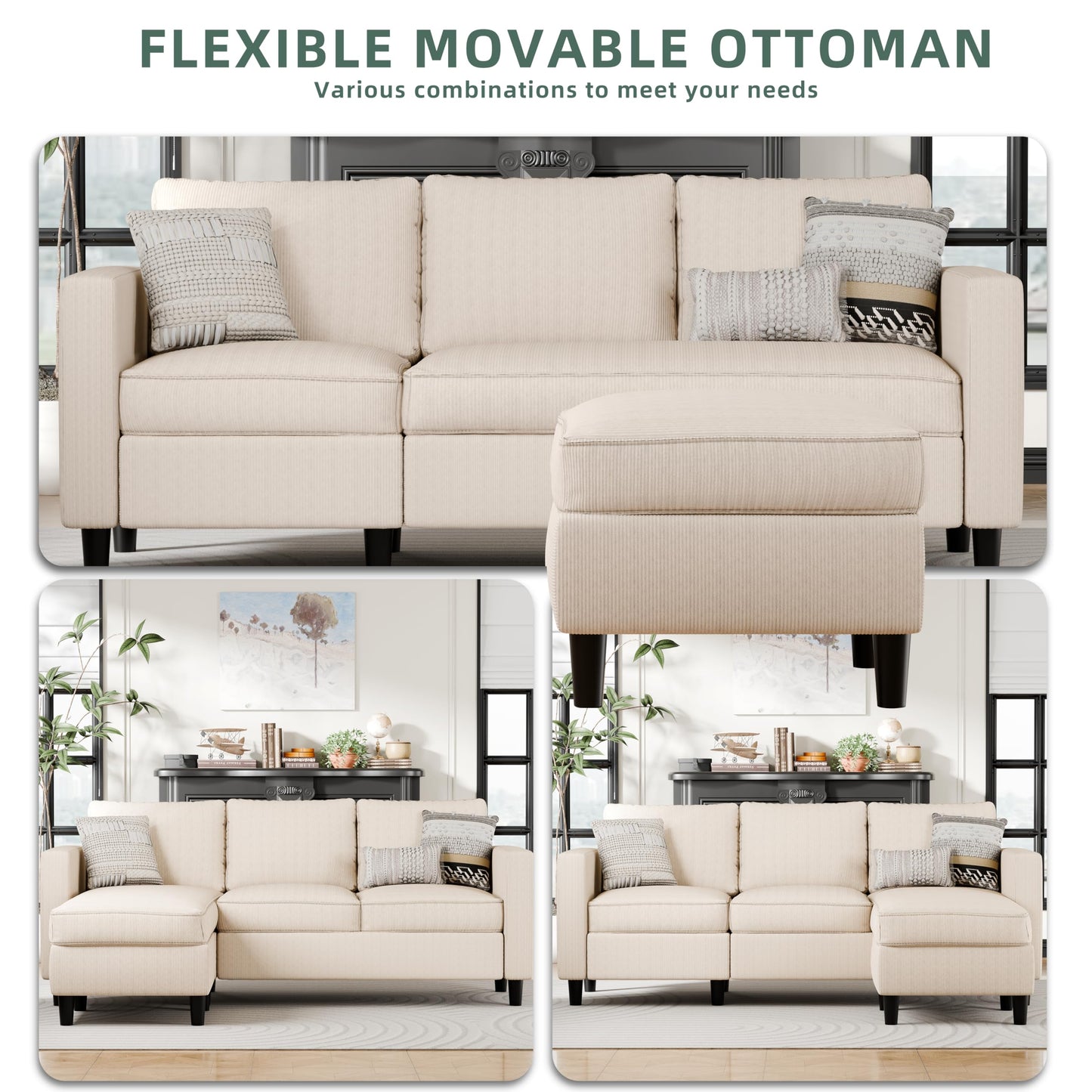 SUNLEI 73.6" Modular Sectional Sofa, Comfy Cloud Couch with Movable Ottoman Deep Seat L Shaped Modular Sofa, Sectional Couches for Living Room and Apartment, Khaki