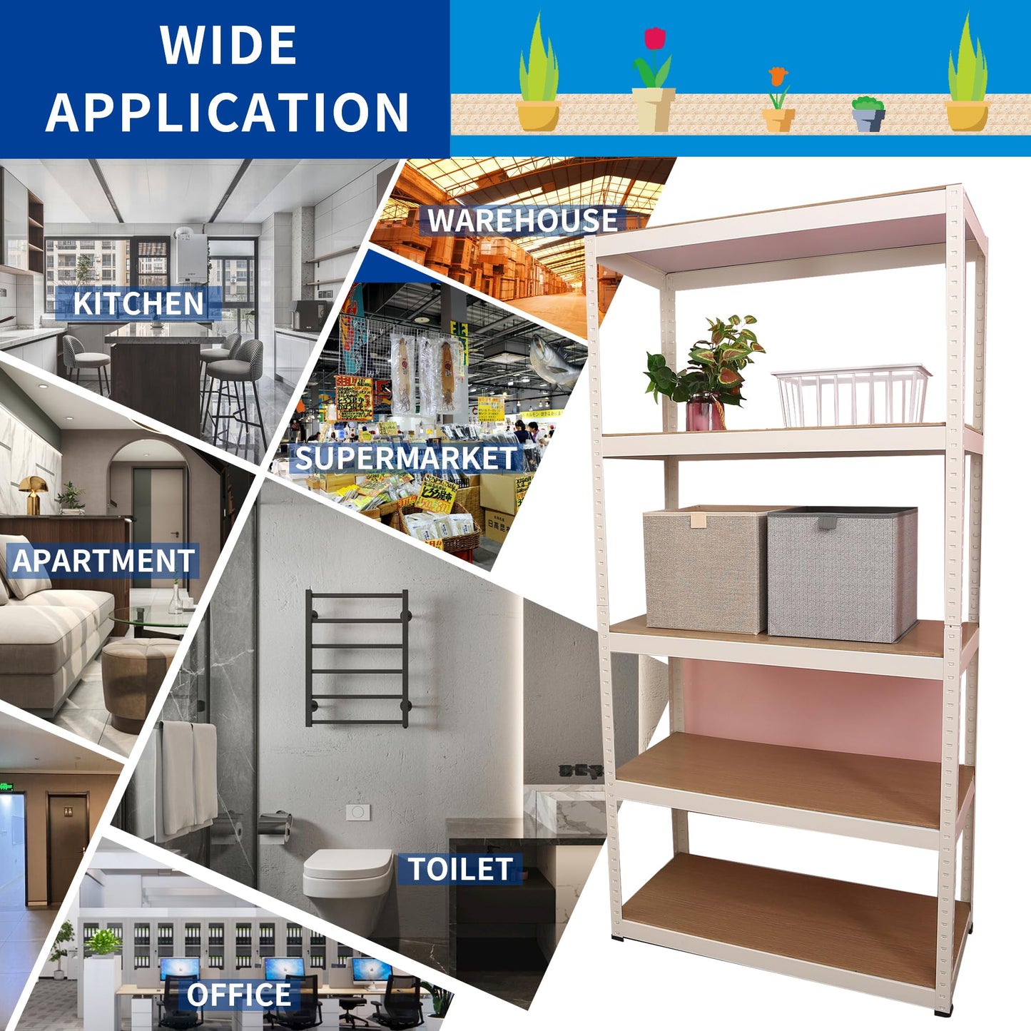 5 Tier Metal Garage Shelving, Adjustable Kitchen Storage Shelves, Steel Garage Storage Shelves, Heavy Duty Industrial Storage Rack, Shelving Unit Bookshelf Utility Shelf for Warehouse Pantry Closet