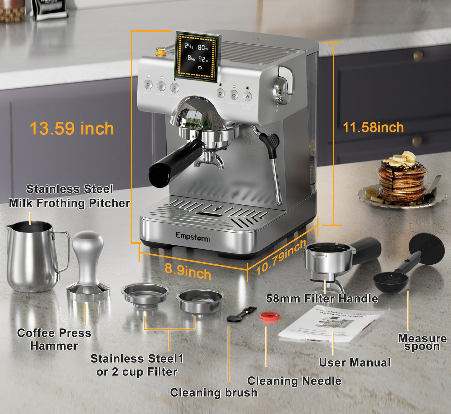 20 Bar Espresso Machine with Milk Frother Steam, Compact Stainless Steel Espresso maker with LED Display Cold Brew & Hot Coffee Maker, Professional Cappuccino Expresso Machine for Home and Office