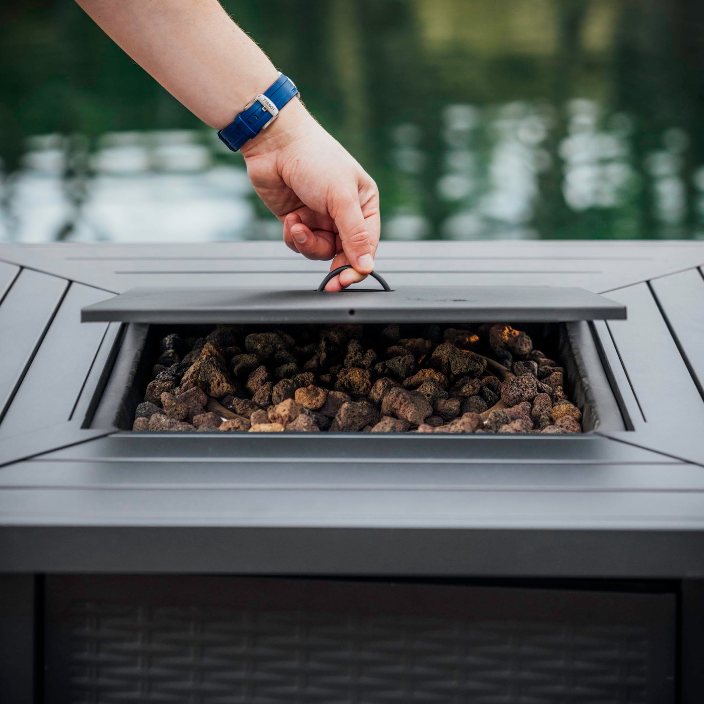 Nestl 28 Inch Fire Pit for Outdoor - 40,000 BTU Outdoor Propane Fire Pit Table with Lid, Rain Cover & Lava Rocks - Patio Fire Pit Table for Backyard Gatherings - Grey