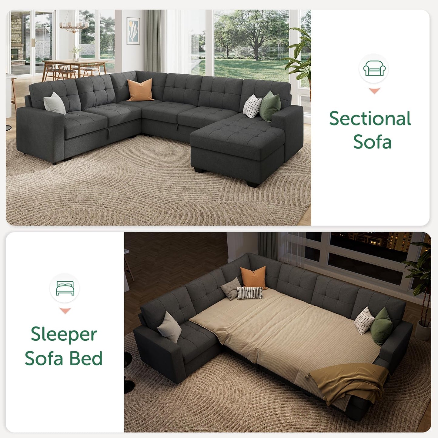 HONBAY Sectional Sleeper Sofa Pull Out Bed with Storage Chaise, Sleeper Sectional Sofa Couch, Sectional Sleeper Bed for Living Room, Dark Grey